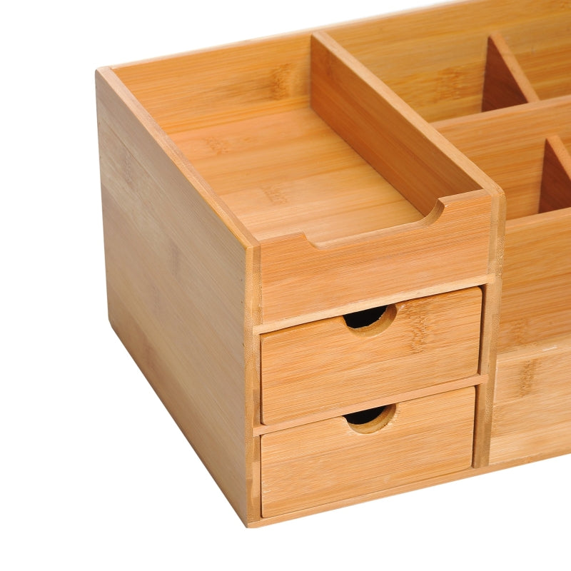 Desk Organiser Holder, Multi-Function 7 Compartments 2 Drawers Storage Caddy, Natural Bamboo