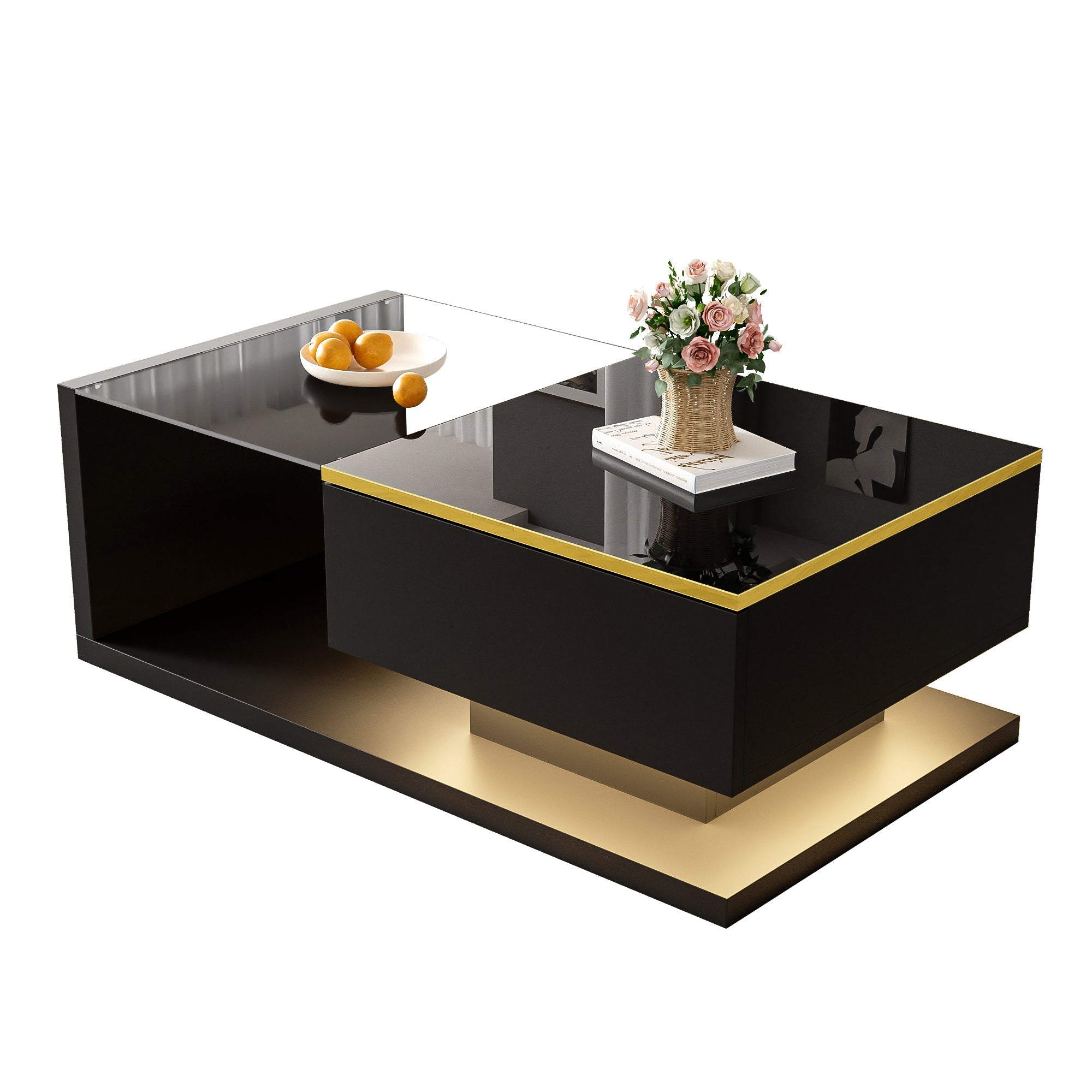 90 cm Coffee Table with Glass & LED, High-Gloss Black