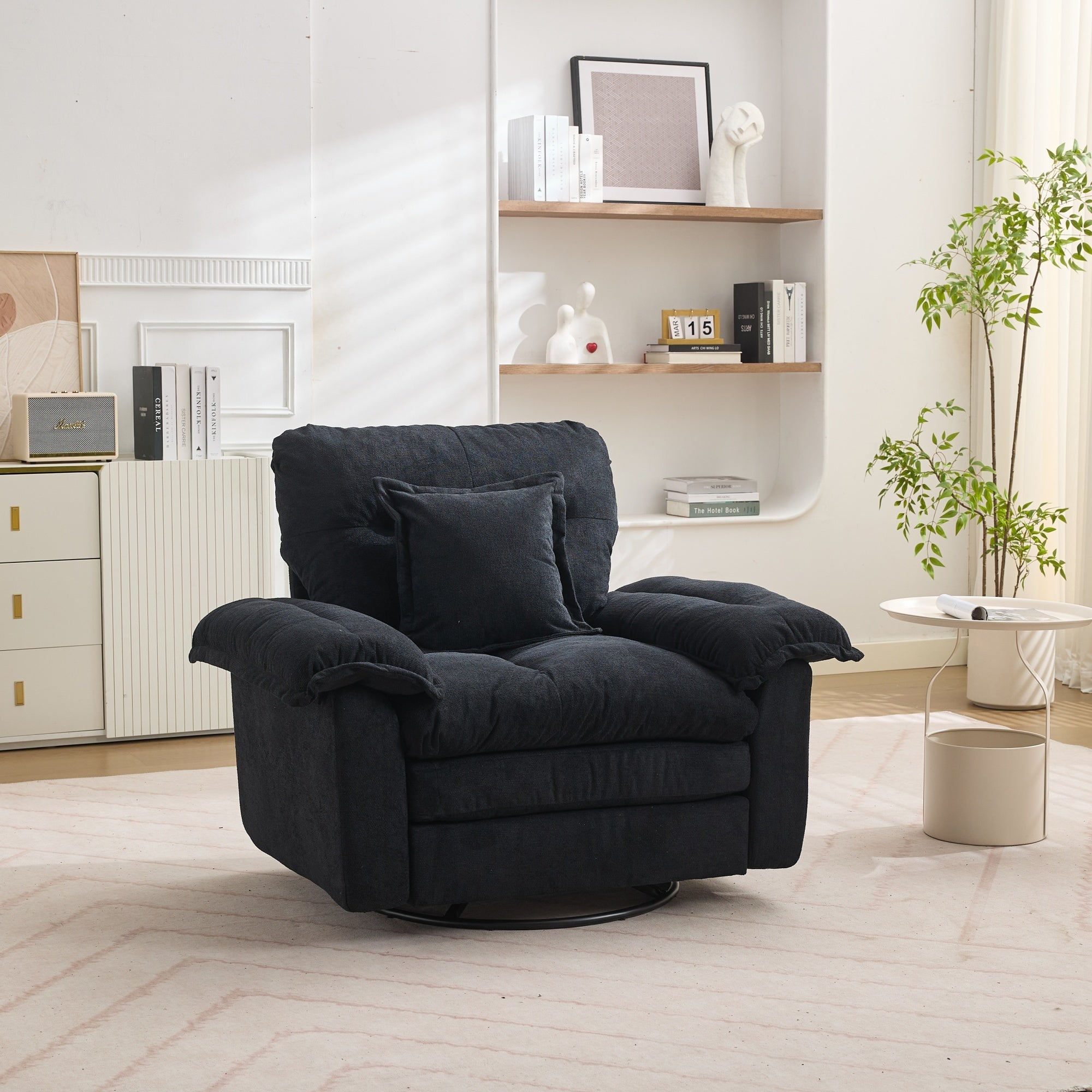 Oversized Chenille Armchair with 360° Swivel and Support Cushion, Light Gray