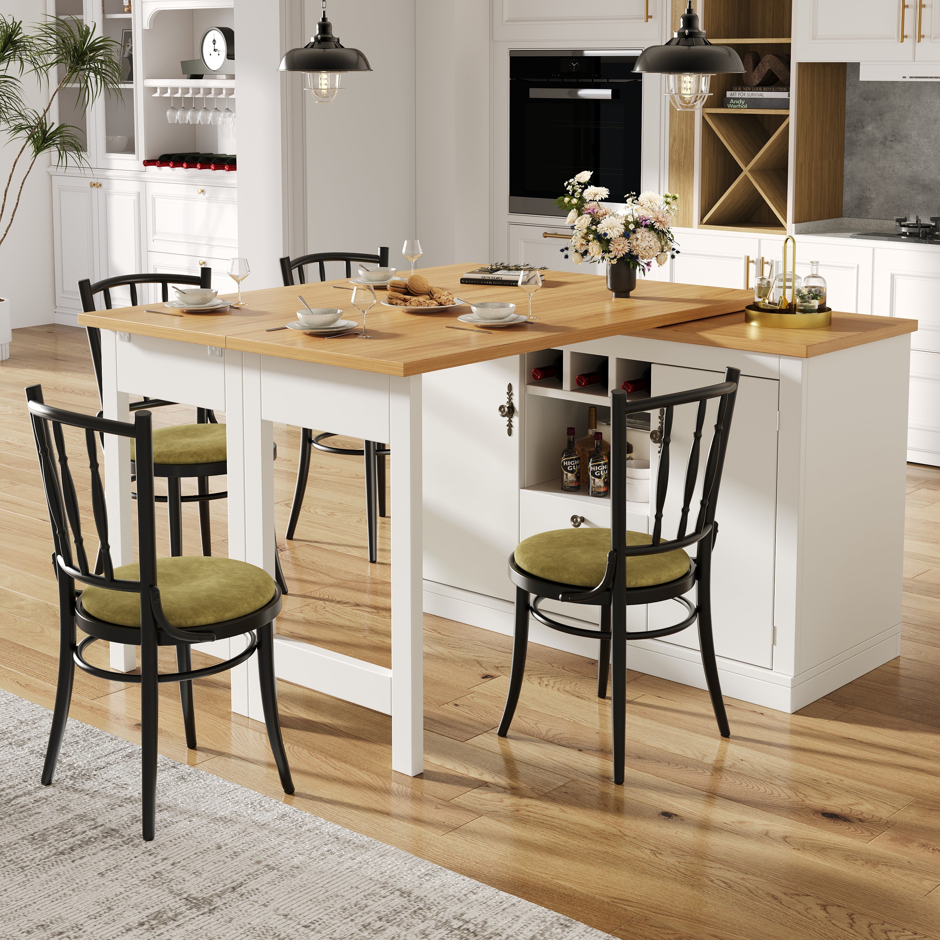 Extendable Bar Table with 360 Swivel and Storage, 120-180cm, White and Black