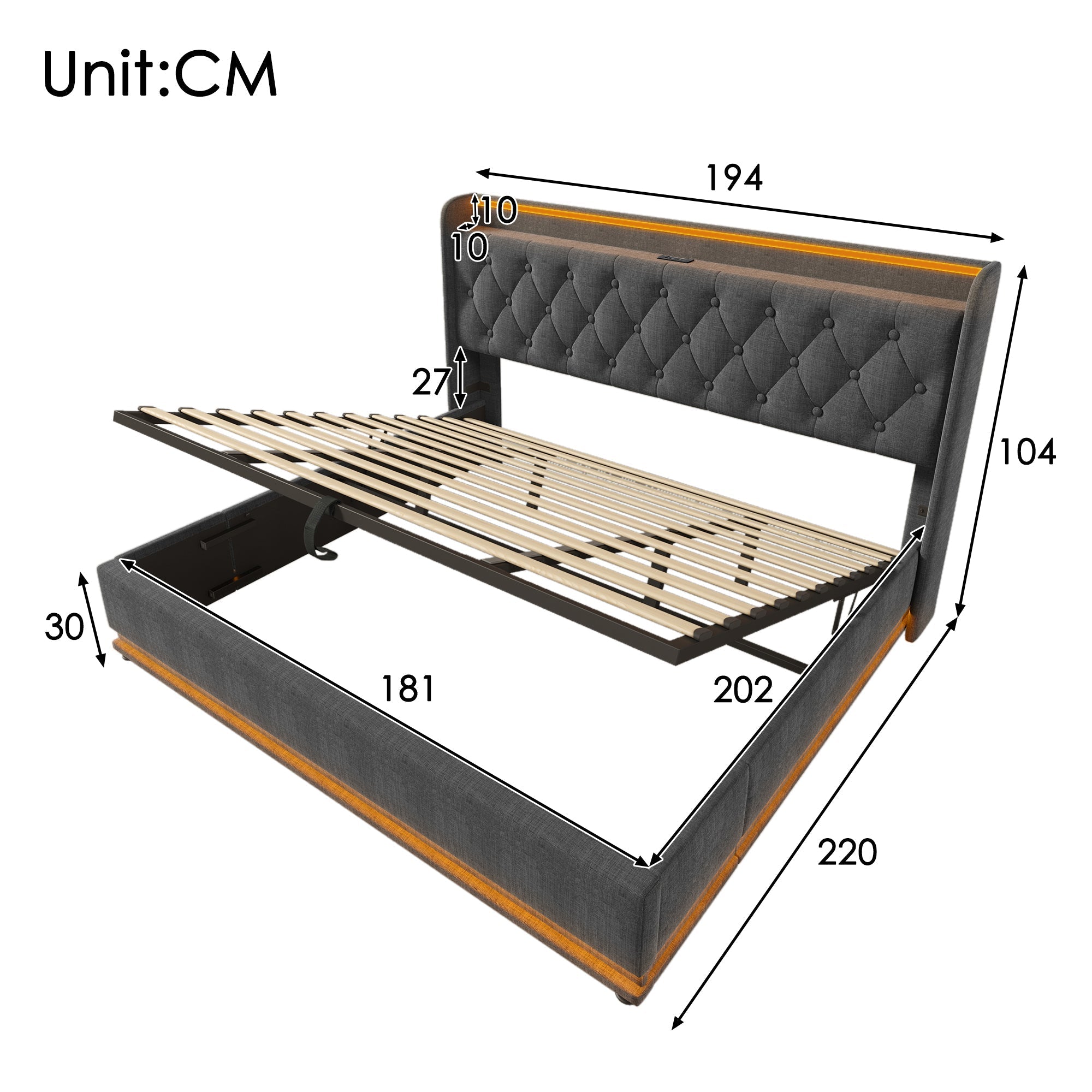 Upholstered Bed Double, 360-Surround LED, Hydraulic Storage, USB-C Charging, Gray Linen