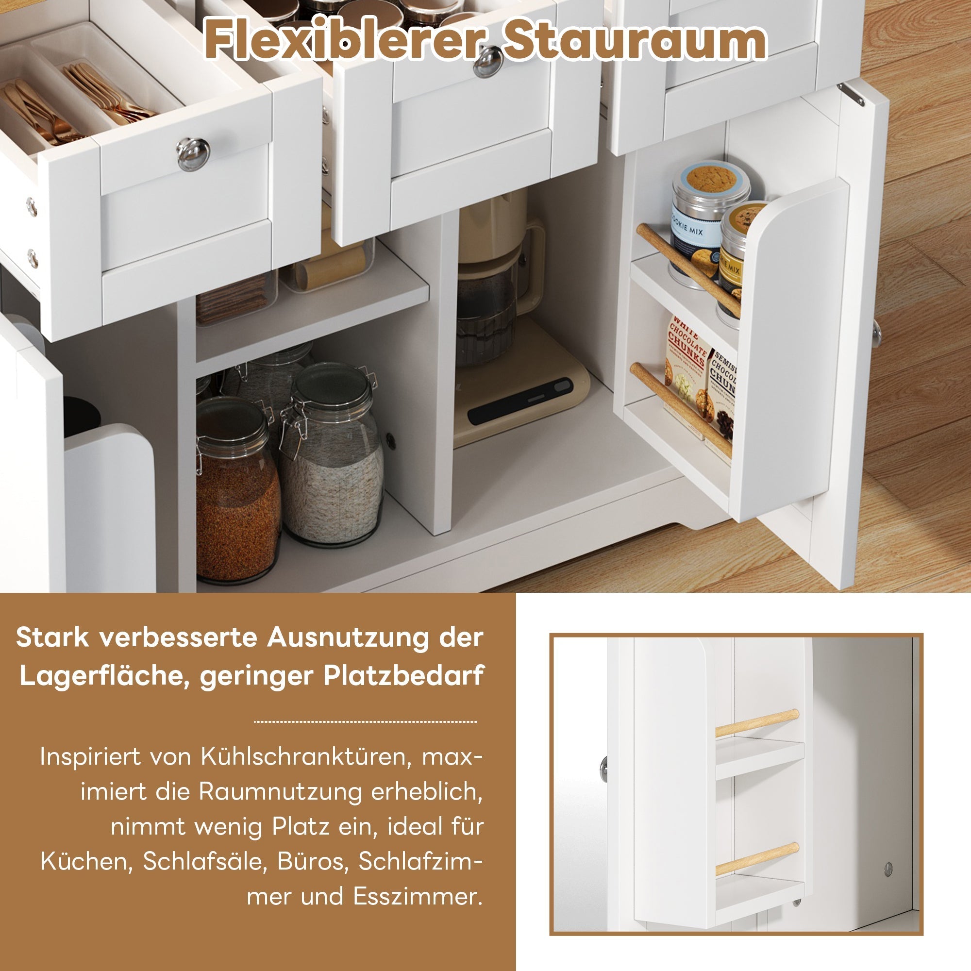 Mobile Kitchen Table 132cm Folding Worktop Multifunctional Cabinet 5 Wheels Integrated Socket