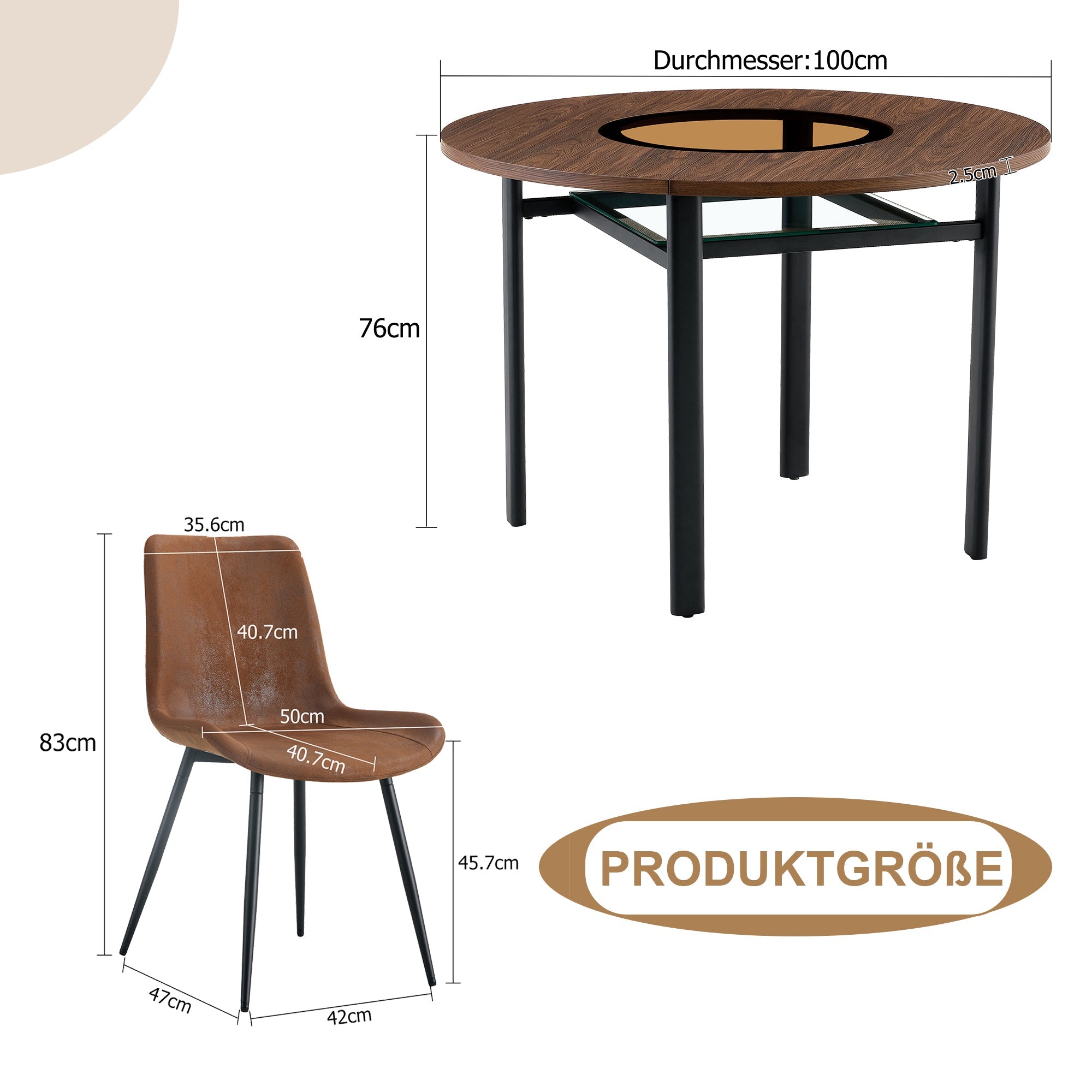 Round Table Set, Modern Minimalist 100cm with Storage, 4 Armchairs, Brown Wood Look/Brown Fabric