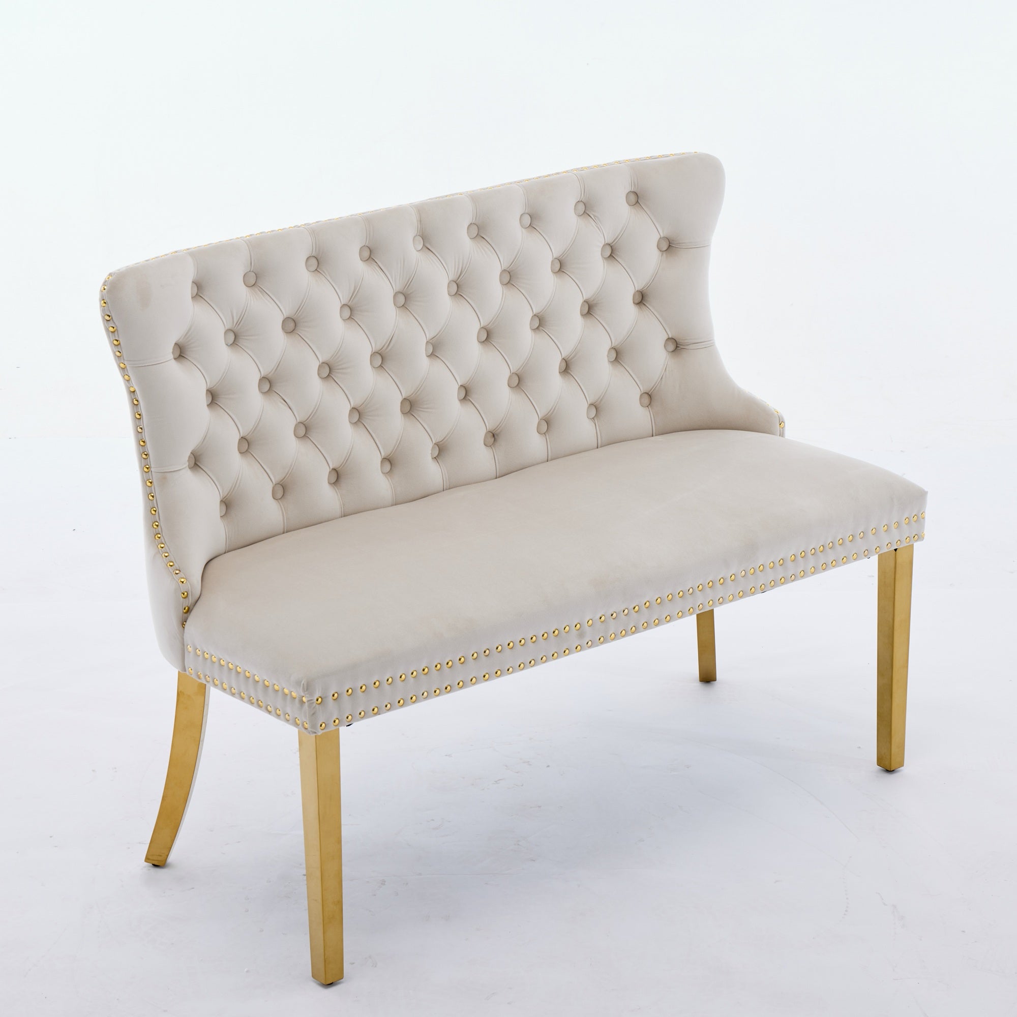 Velvet Double Dining Loveseat Bench, 2-Seat Tufted Wing Back Gold-Plated Steel Legs, Beige Velvet