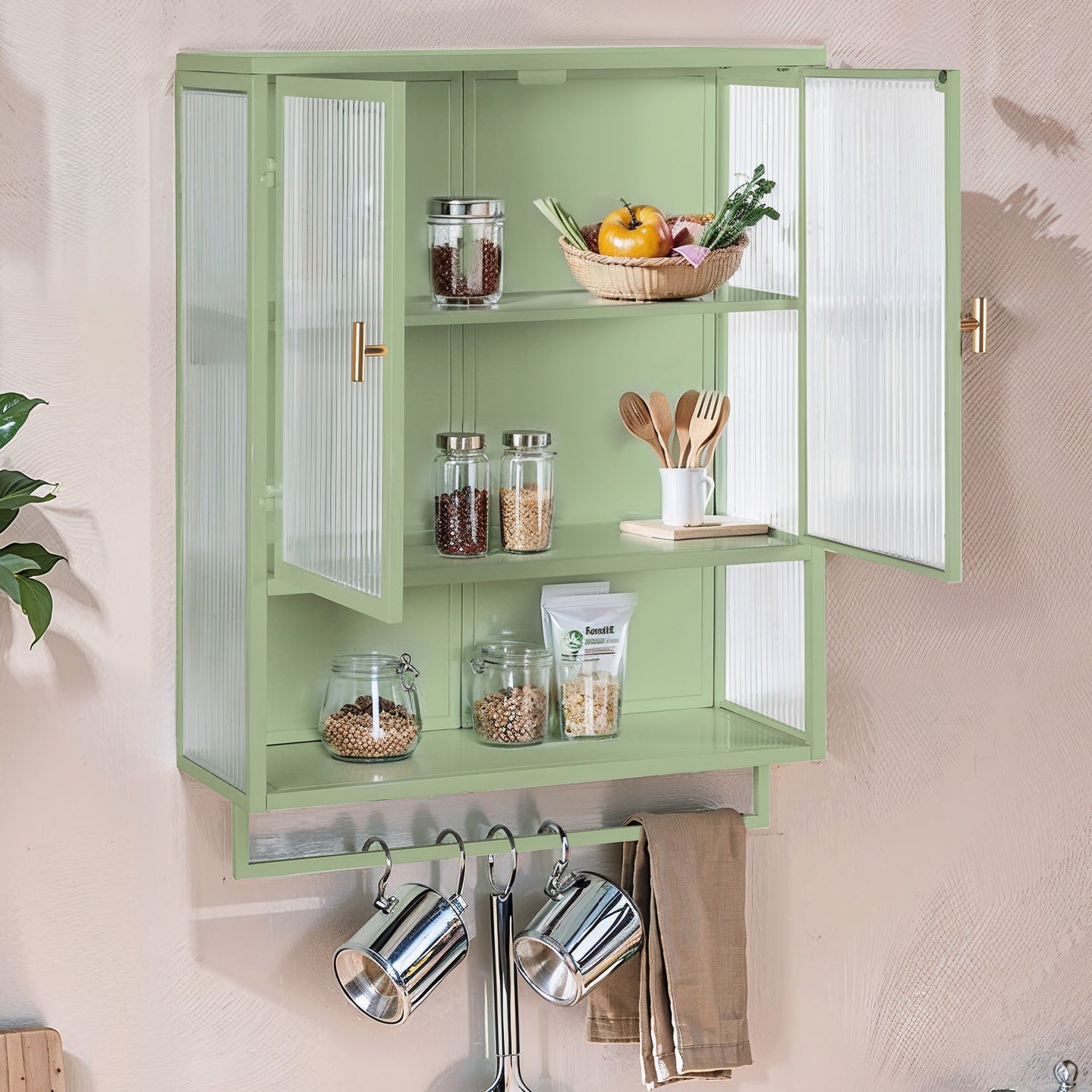 Wall Cabinet 60CM Glass Doors Two-tier Storage with Open Shelf & Towel Rack, Green