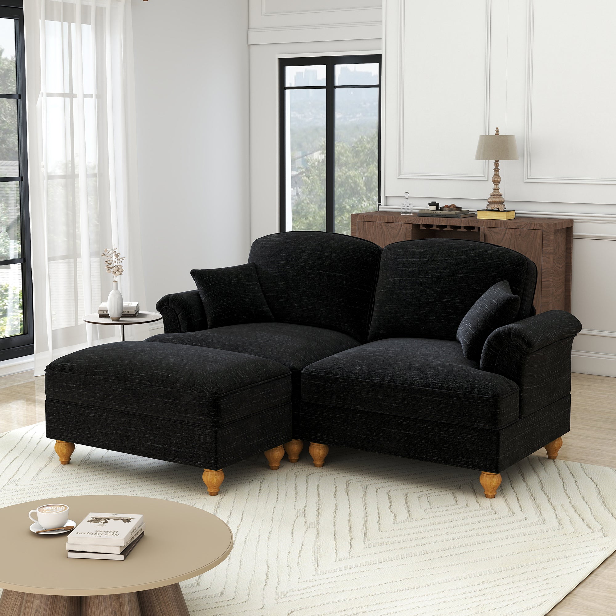 Modular L-Shaped Sofa 2-Seater Mid-Century w/ Ottoman & Ruffled Apron - Chenille Black