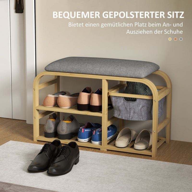 2-stufige Schuhbank, ausziehbarer Korb, 2 Schuhablagen, Bambus Grau