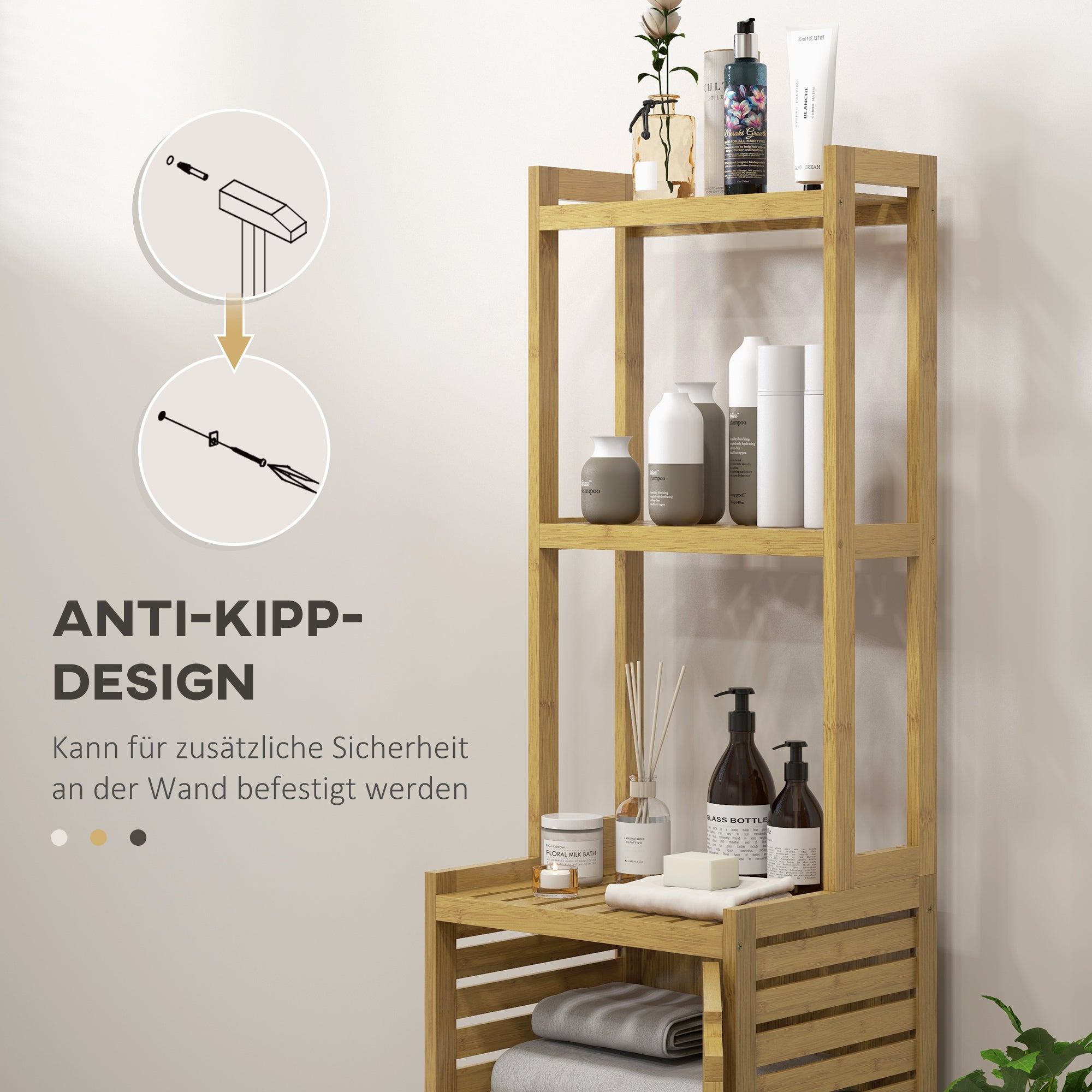 Bathroom Cabinet Bamboo, Cupboard 3 Open Shelves Anti-Tip, Natural Wood