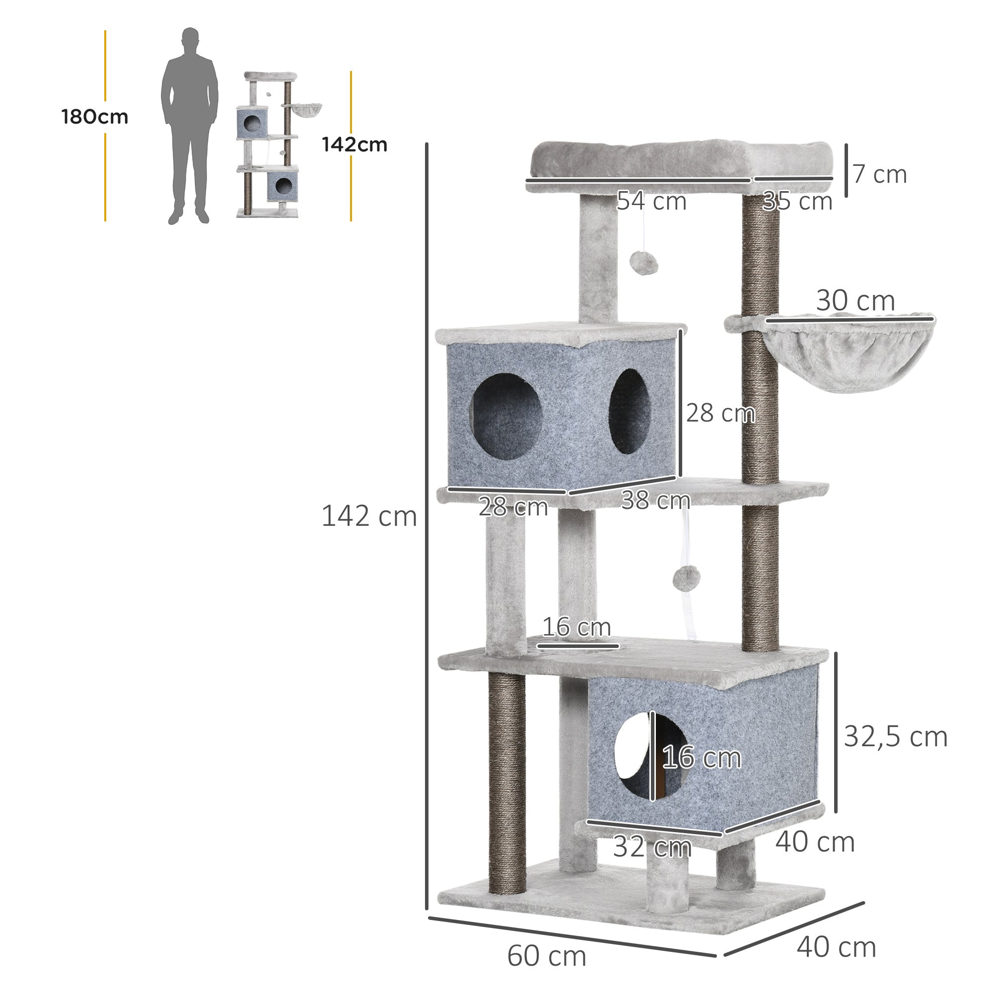 Cat Tree 142cm Sisal Post Caves Platforms, Grey
