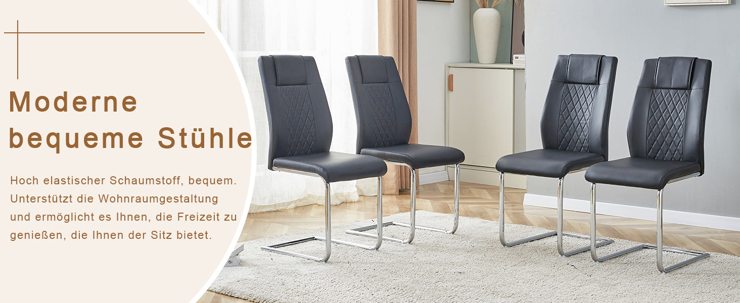 Dining Chair Set of 4 Nordic Style Mesh Stitching Silver Metal Legs Black PU