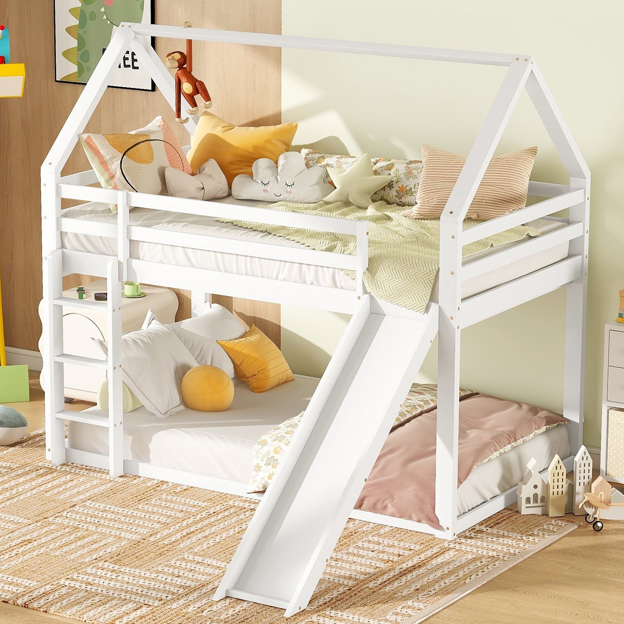 Children's House Bunk Bed 90x200cm with Slide and Ladder - White