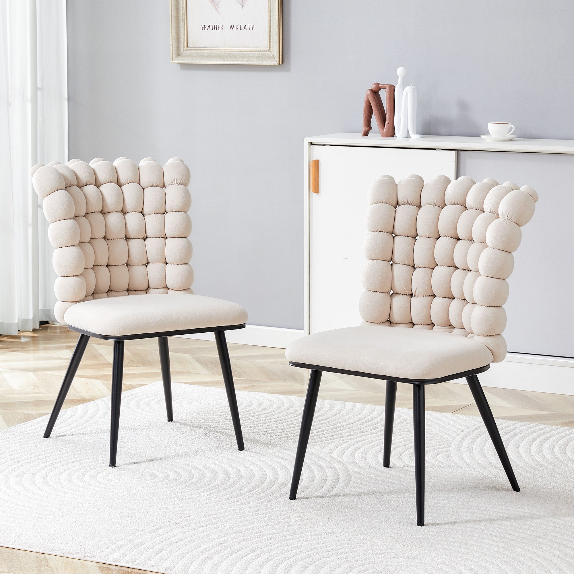 Velvet Dining Chairs Set of 2 Ball Design Metal Legs - Cream White