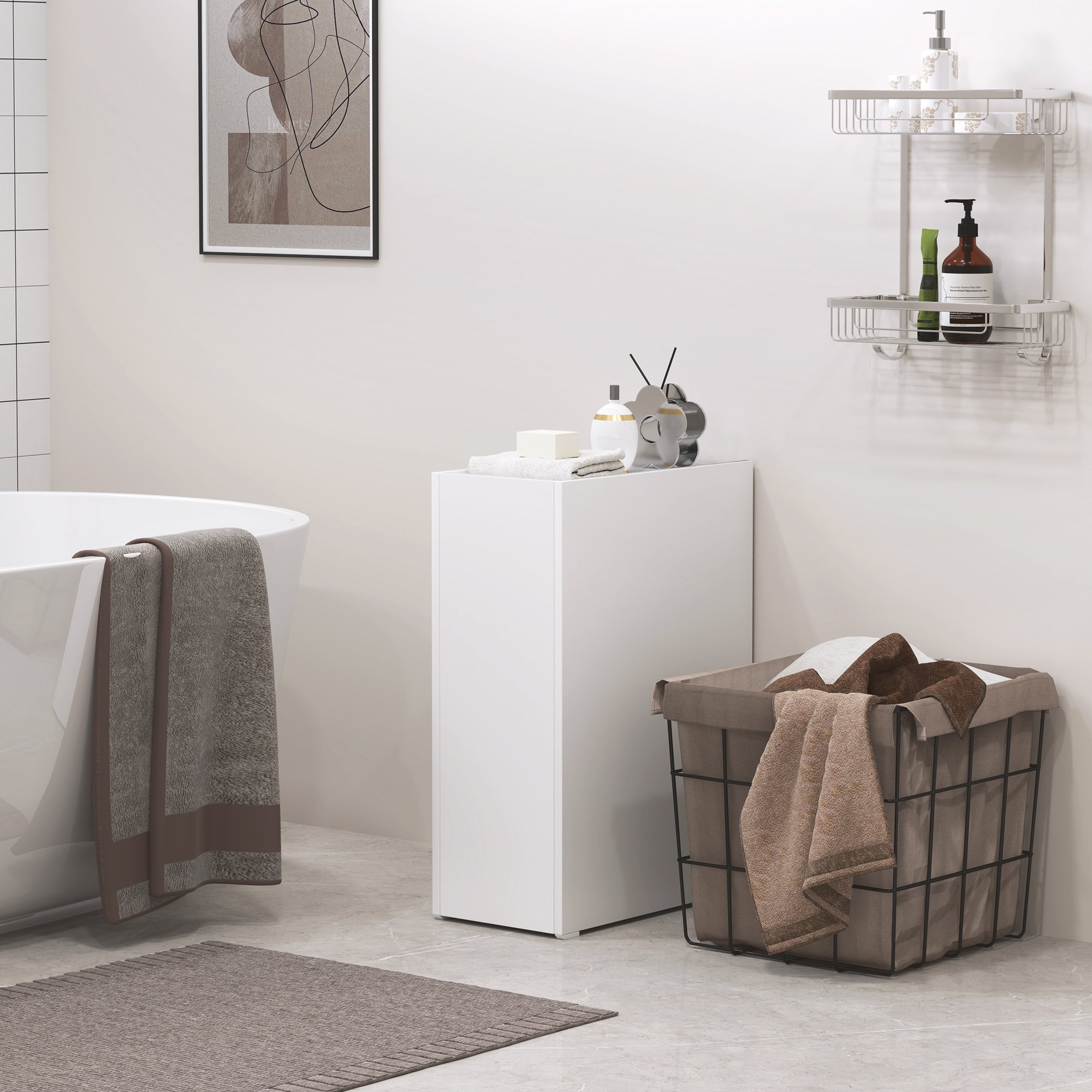 Slim Bathroom Cabinet, Wheels, 3 Deep Compartments, White