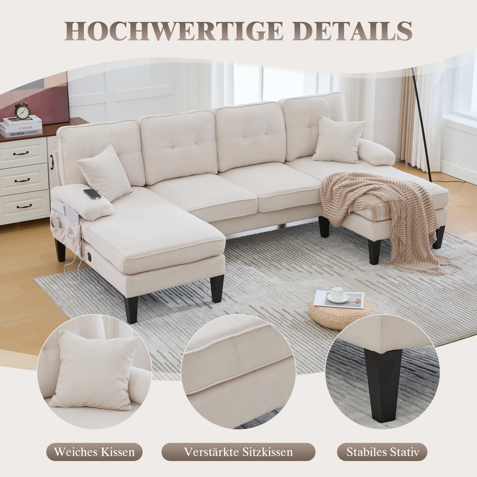 U-shaped Sofa Large 4-Seater Two Chaise Lounges Linen Fabric Beige