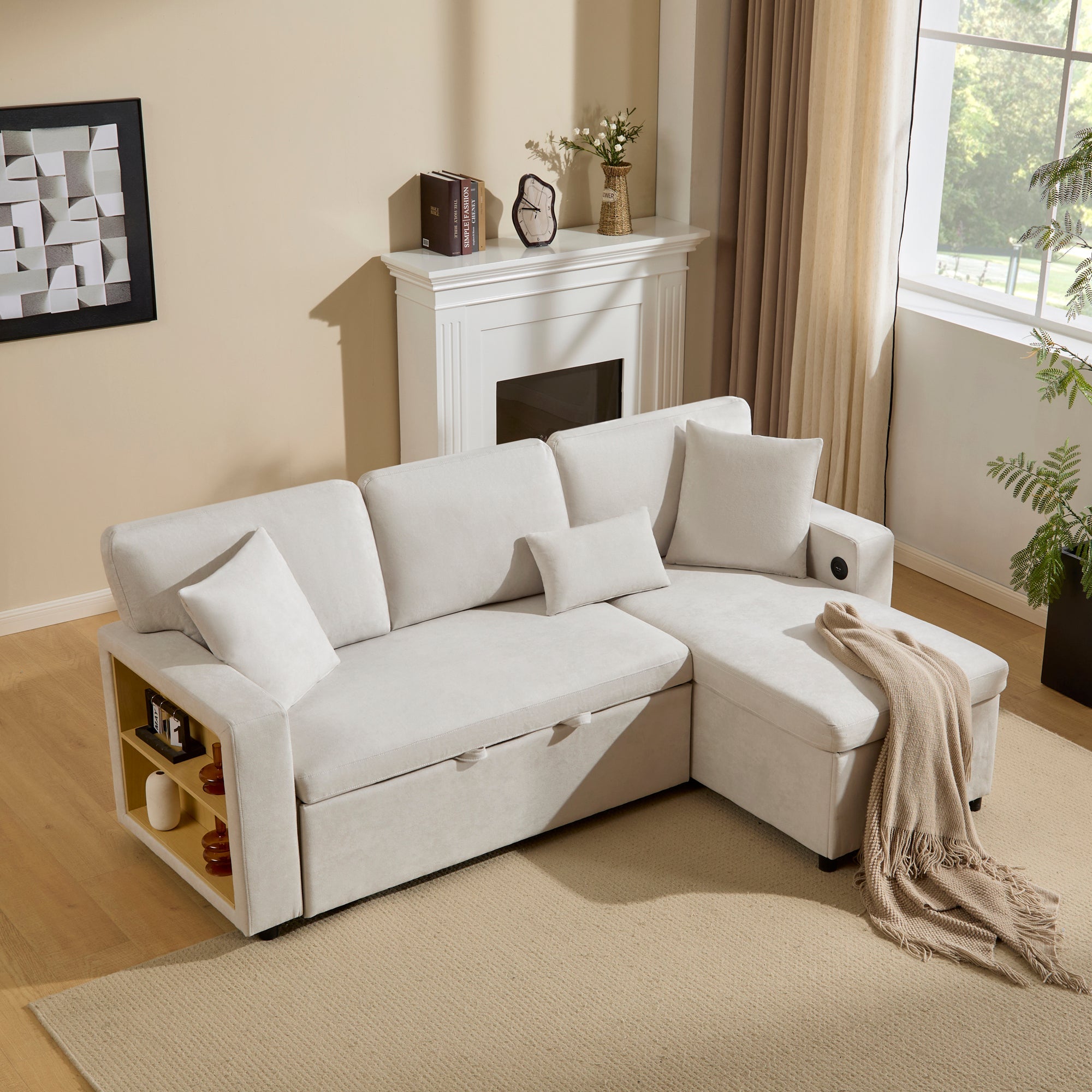 Corner Sofa Bed L-Shape Extendable Storage & Shelf - Beige