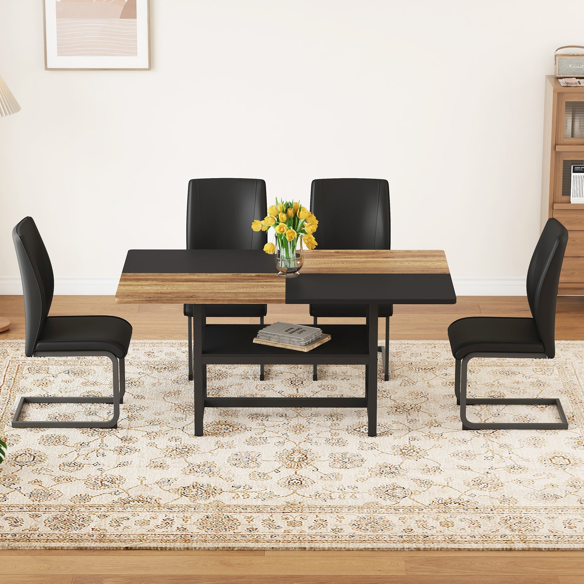 Table Set Rectangular 160x90cm Storage Shelf 4 Armchairs - Black Faux Leather