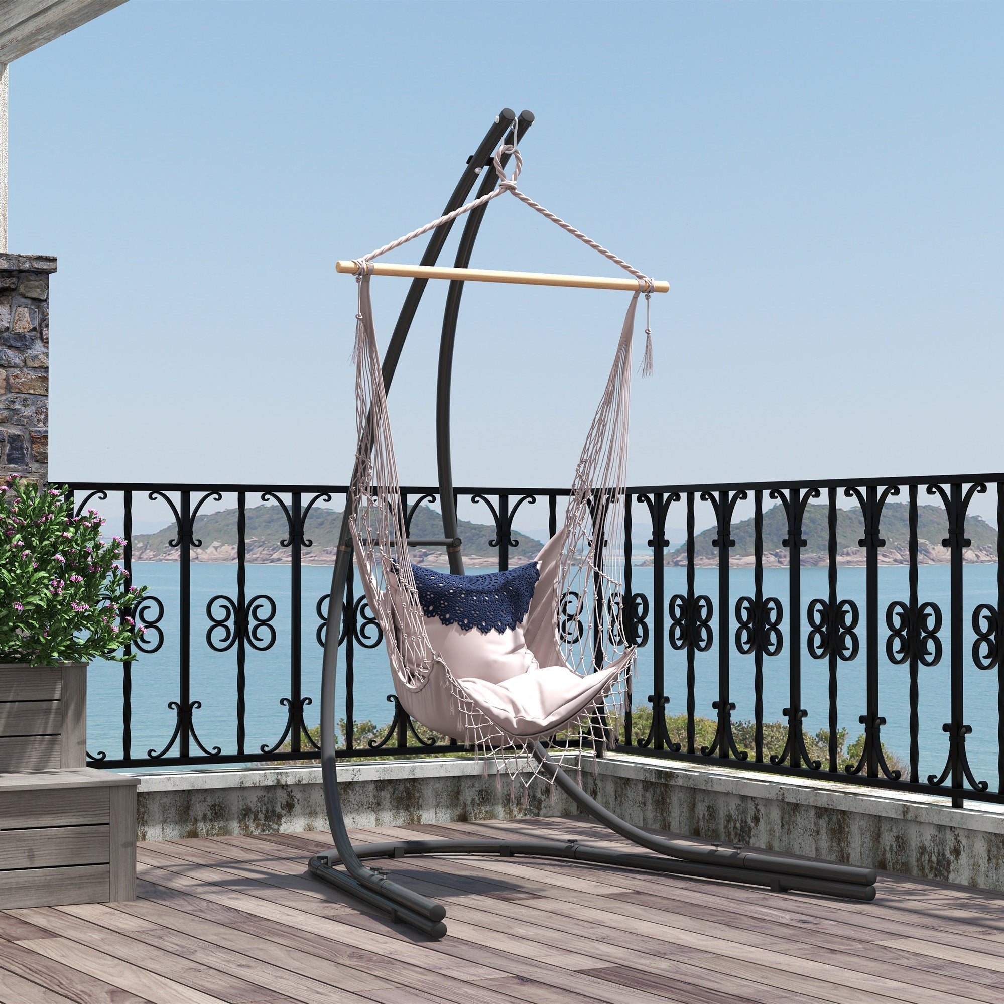 C-shaped Hanging Chair Stand, 150kg Indoor Outdoor Use, Metal Black