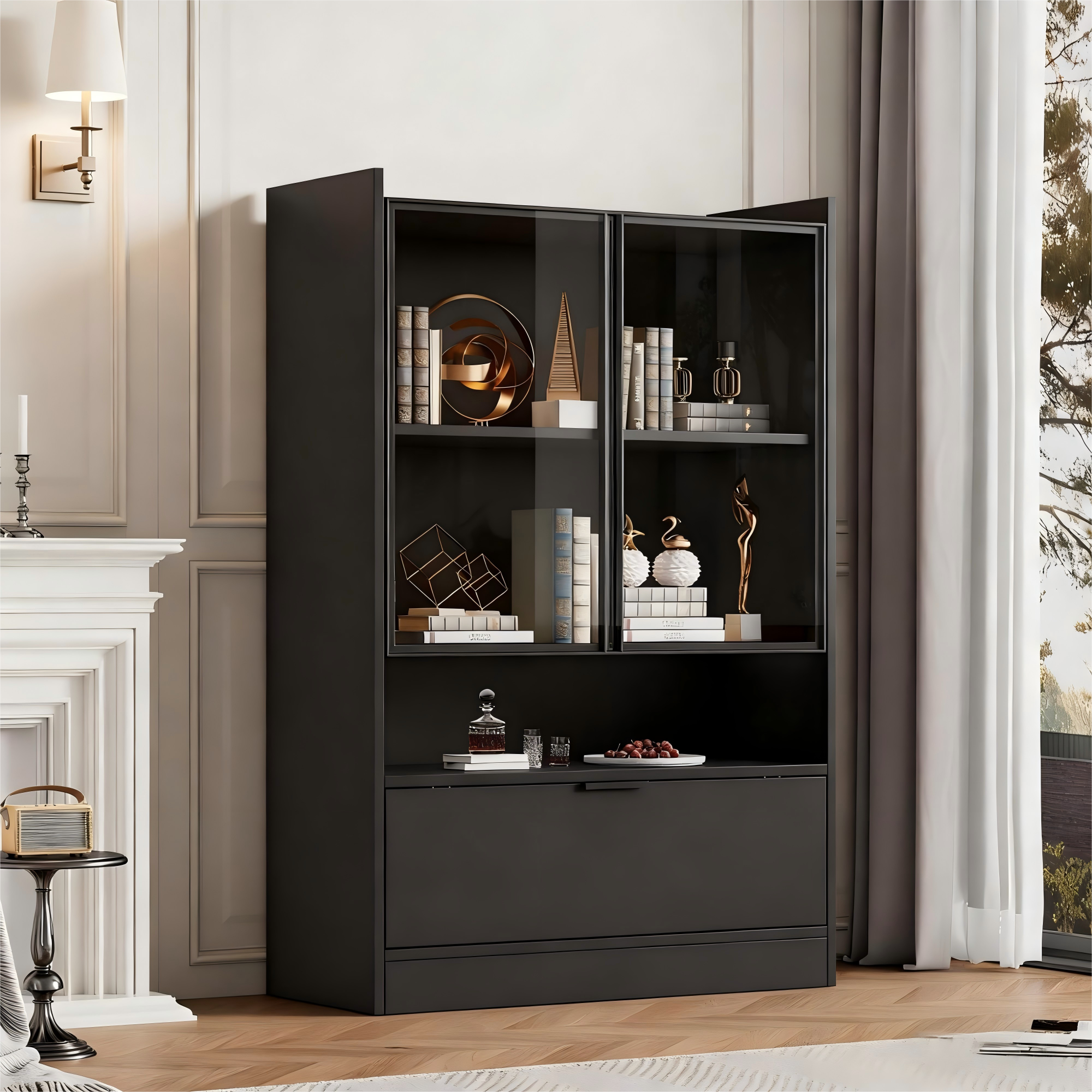 Modern LED Display Cabinet 120cm High 16-Color Lighting Glass Doors, Matte Black Chipboard