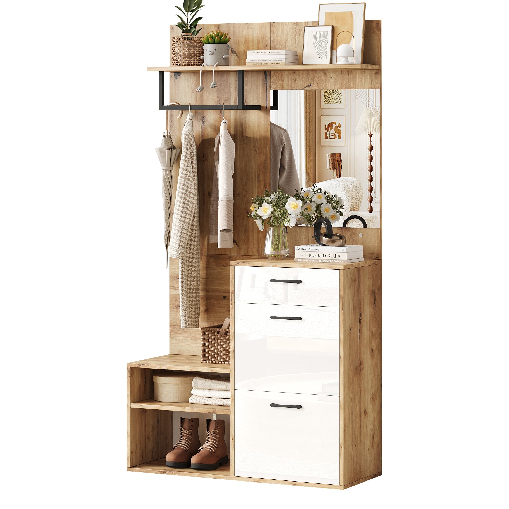 Wardrobe Set, Mirror, Shoe Bench, 1 Drawer, 2 Cabinets, White Wood
