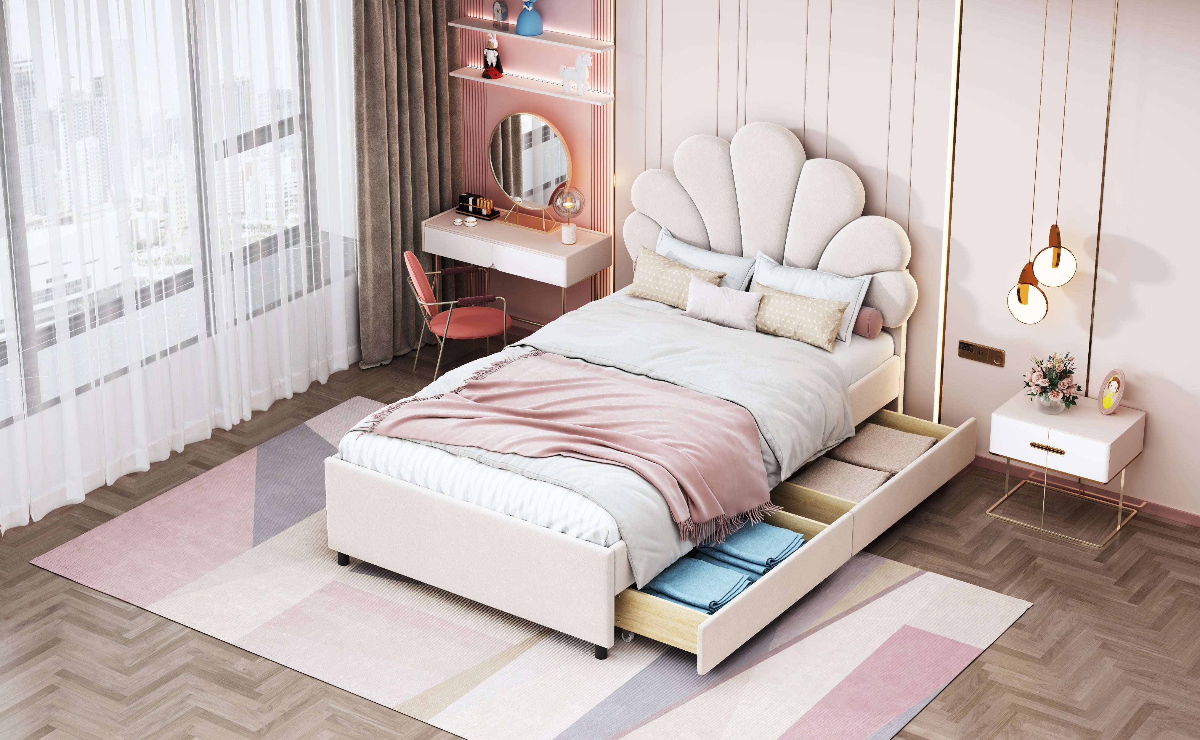 Upholstered Children's Bed 90x200cm Floral Headboard Storage Velvet Beige