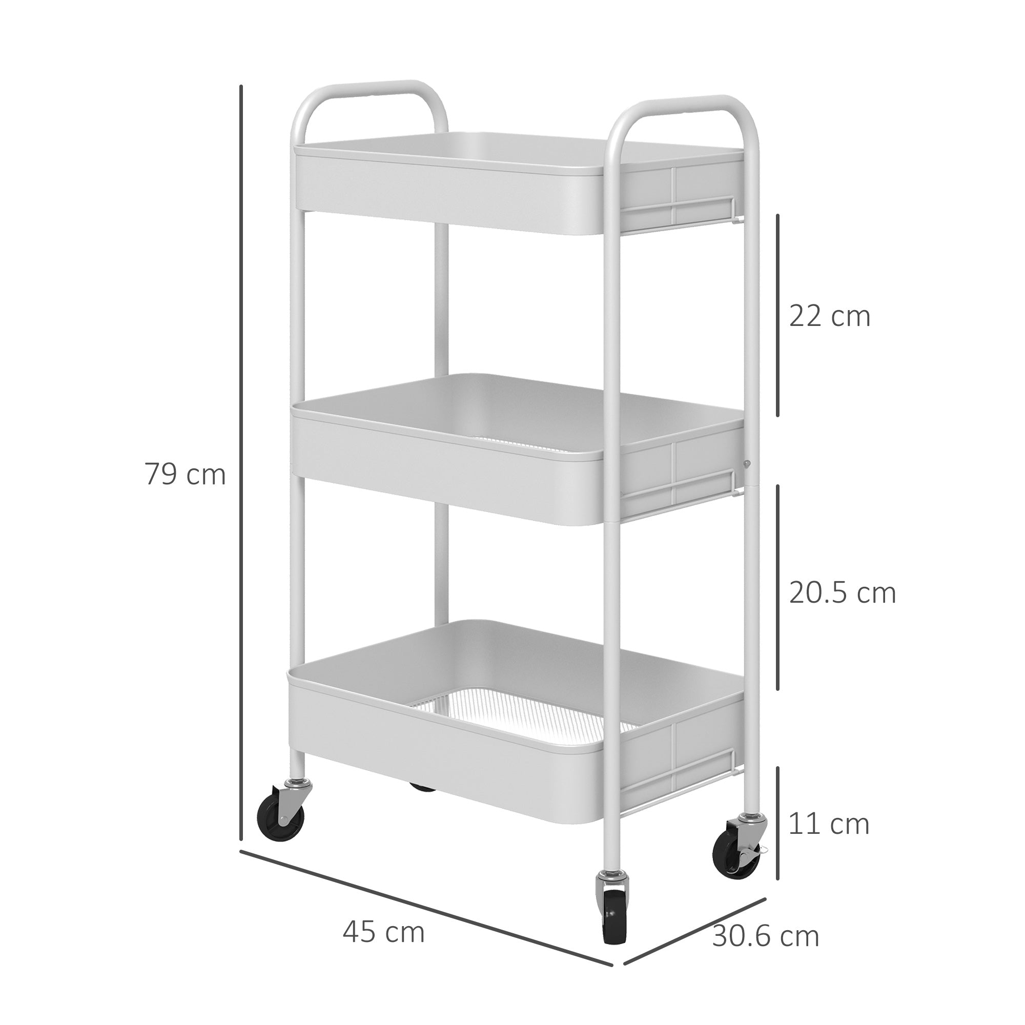 Serving Trolley 3-Shelf Storage Kitchen/Living Room, White Steel