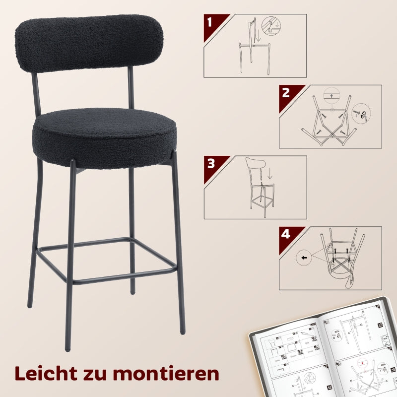 Set of 2 Bar Stools Upholstered Seat Footrest Fleece Cover - Black