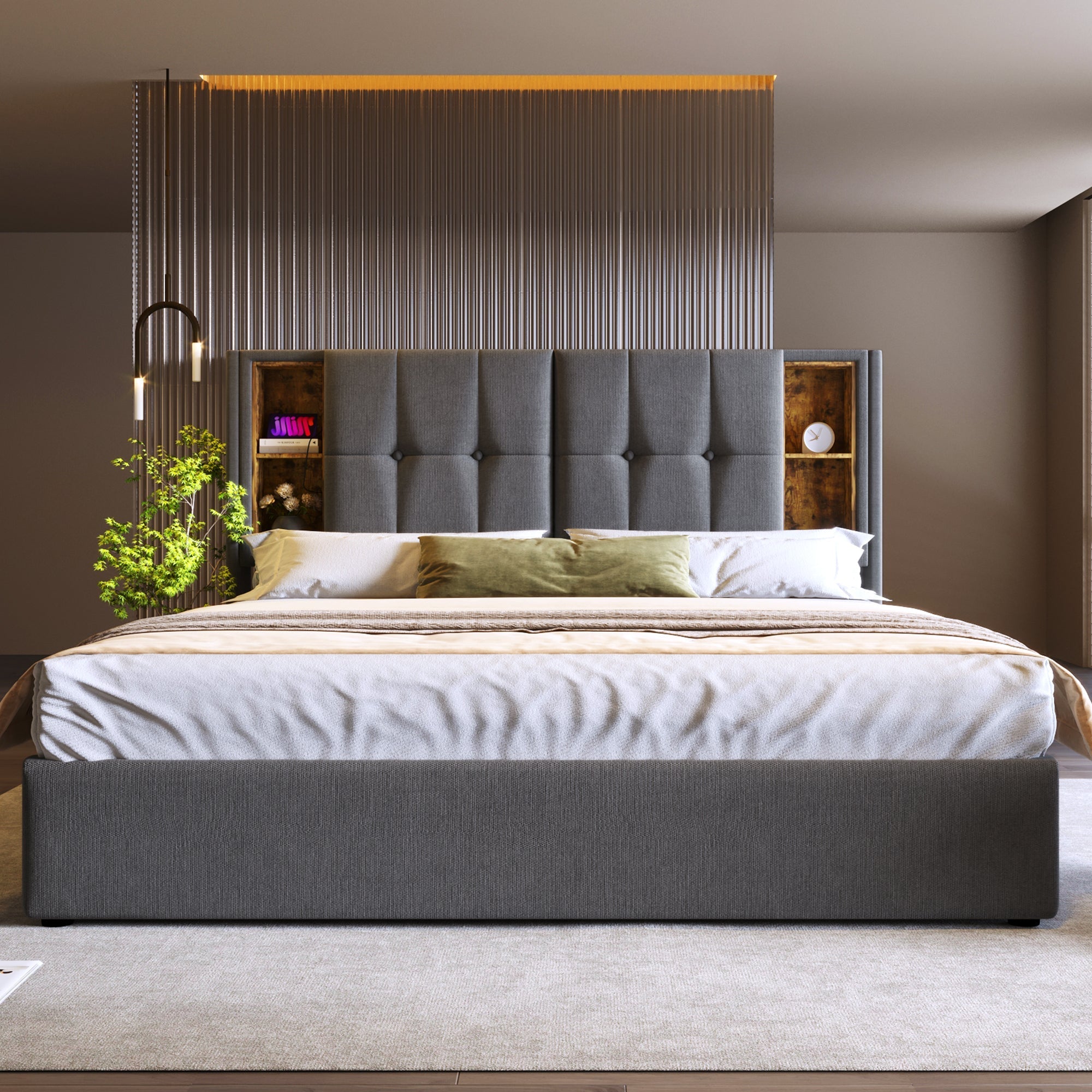 Double Bed with Wireless Charging, Storage, 140x200cm, Grey Cotton