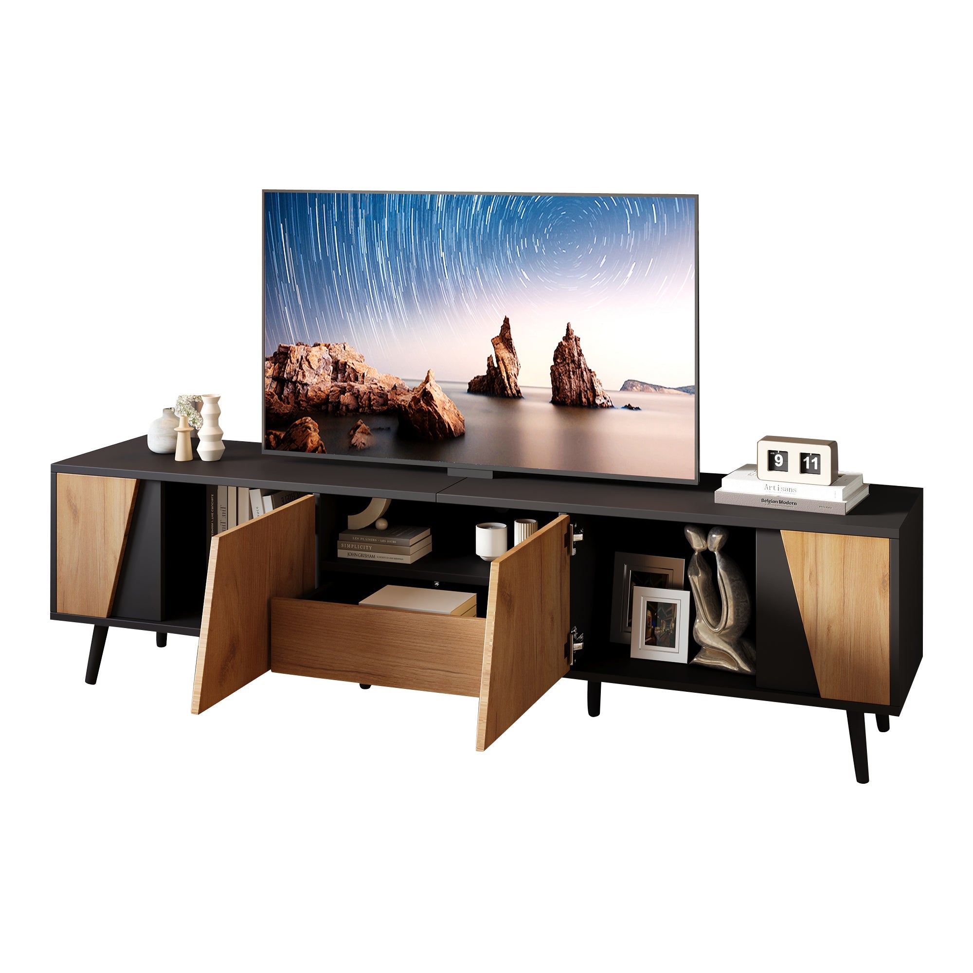 Lowboard TV Board, TV Cabinet with Drawers and 2 Cabinets, Modern Minimalist, Solid Wood
