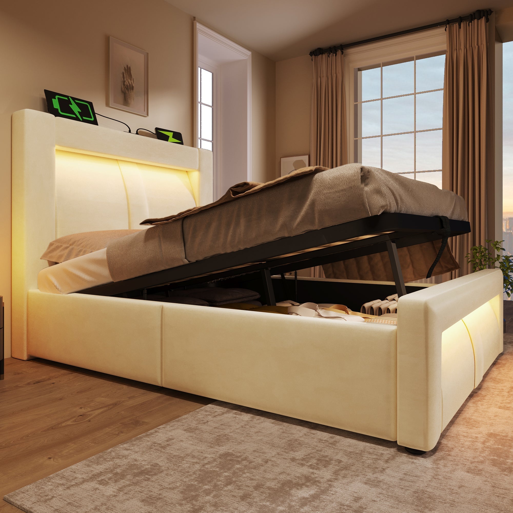 Single Bed 90x200 cm with Hydraulic Storage, LED Lighting, USB Ports and Mattress, Beige Velvet