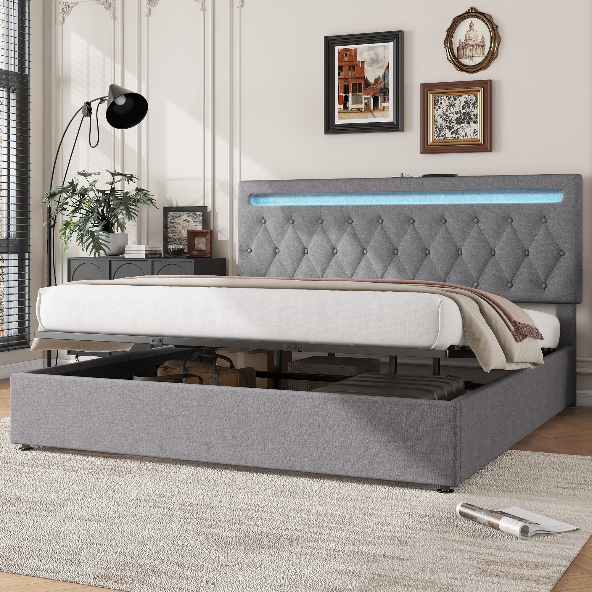 Upholstered Bed 180x200cm Hydraulic Lift Ambient Light USB - Grey