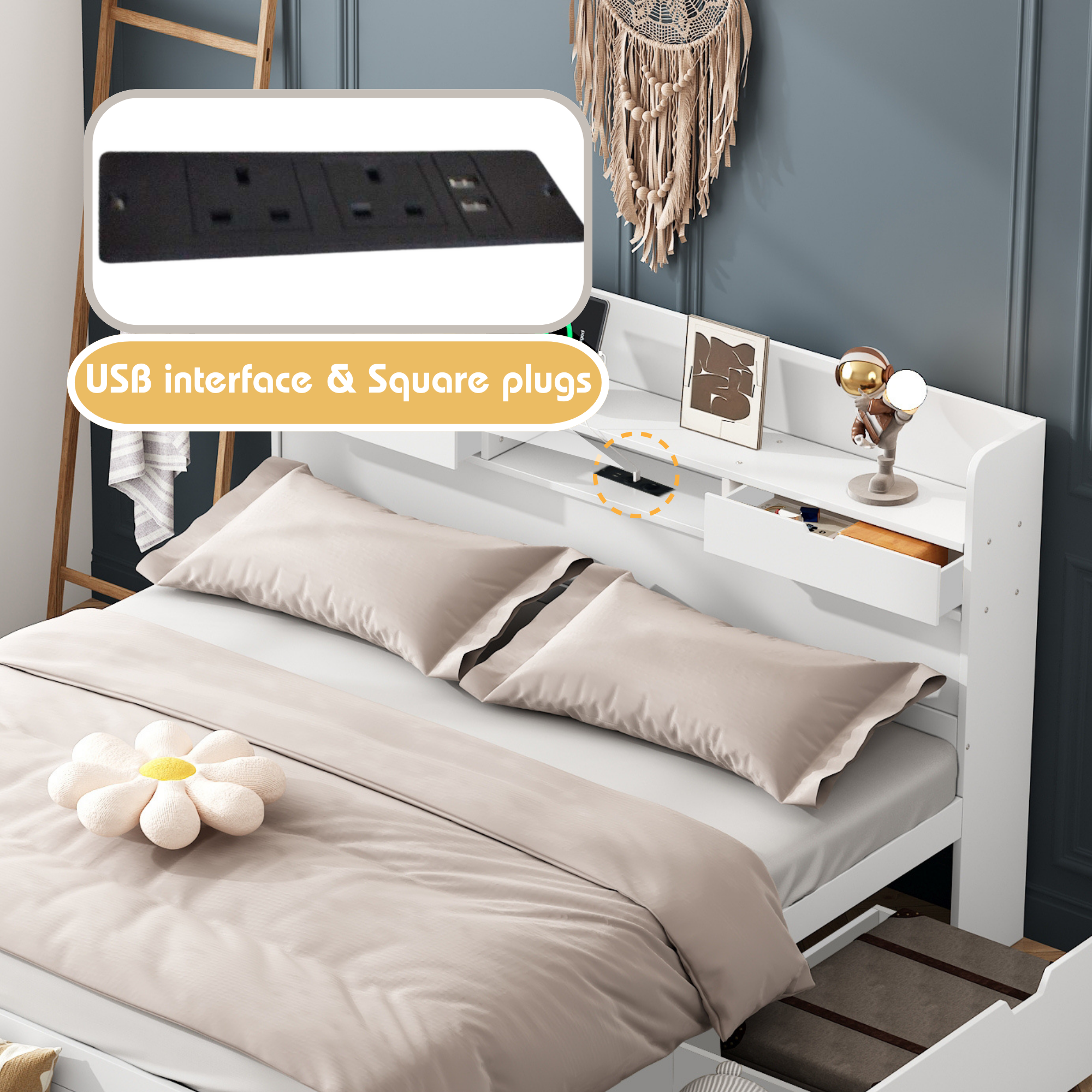 Children's Bed Single Daybed 3FT with USB Port Drawers Storage Cabinet, White