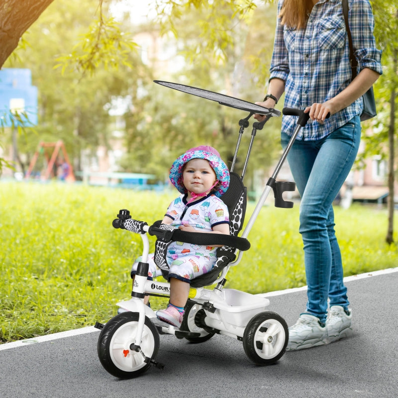 6-in-1 children's tricycle with push bar, roof, belt, storage basket, white