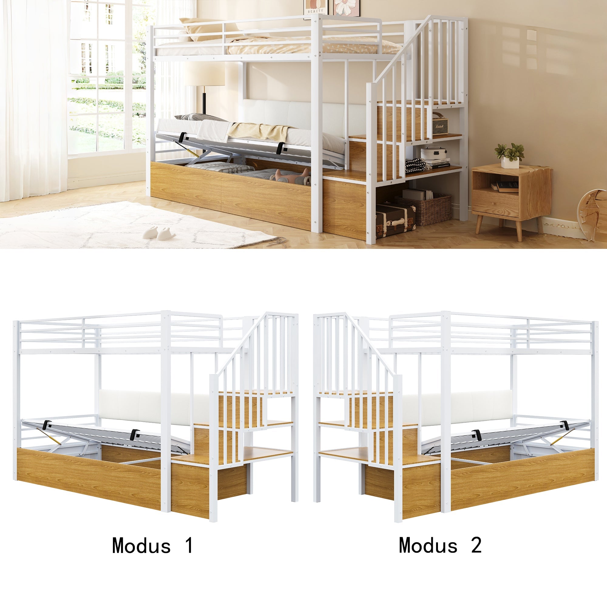 Iron Loft Bed with Padded PU Backrest and Hydraulic Function, 90x200cm, White