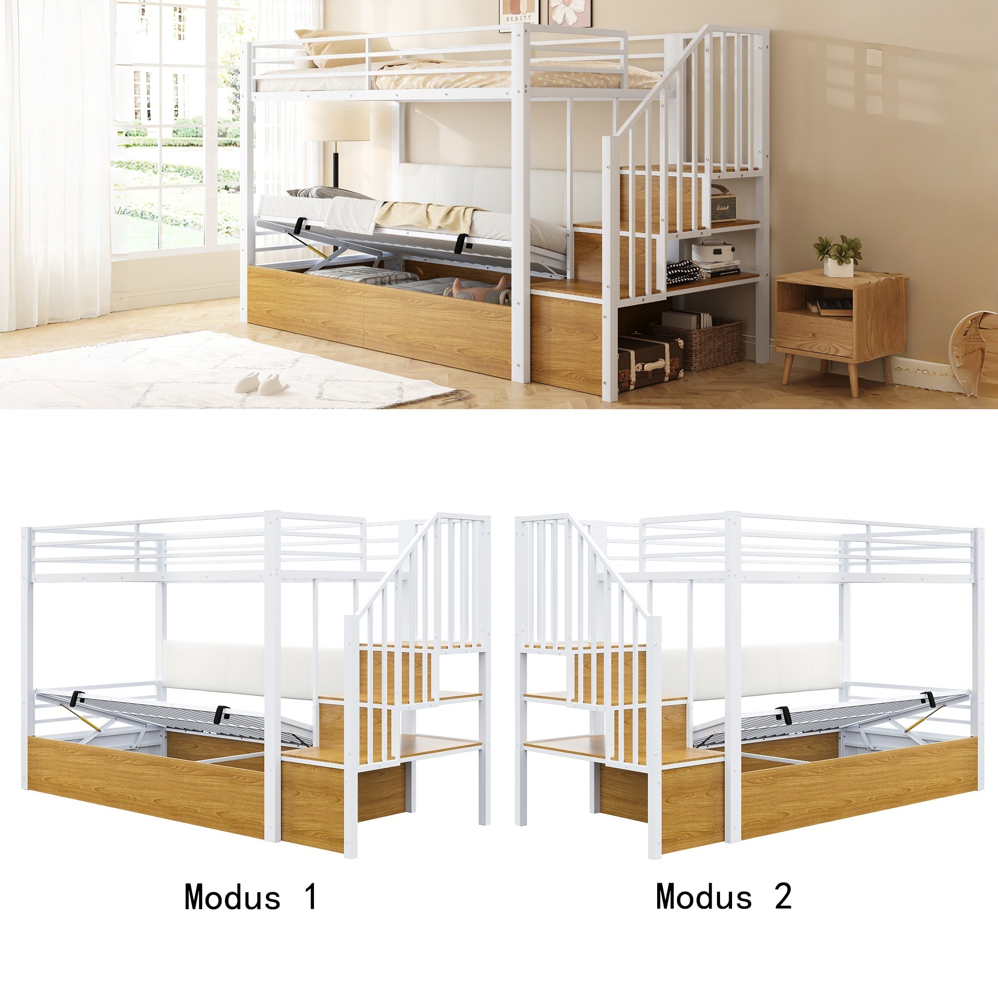 Iron Loft Bed with Padded PU Backrest and Hydraulic Function, 90x200cm, White