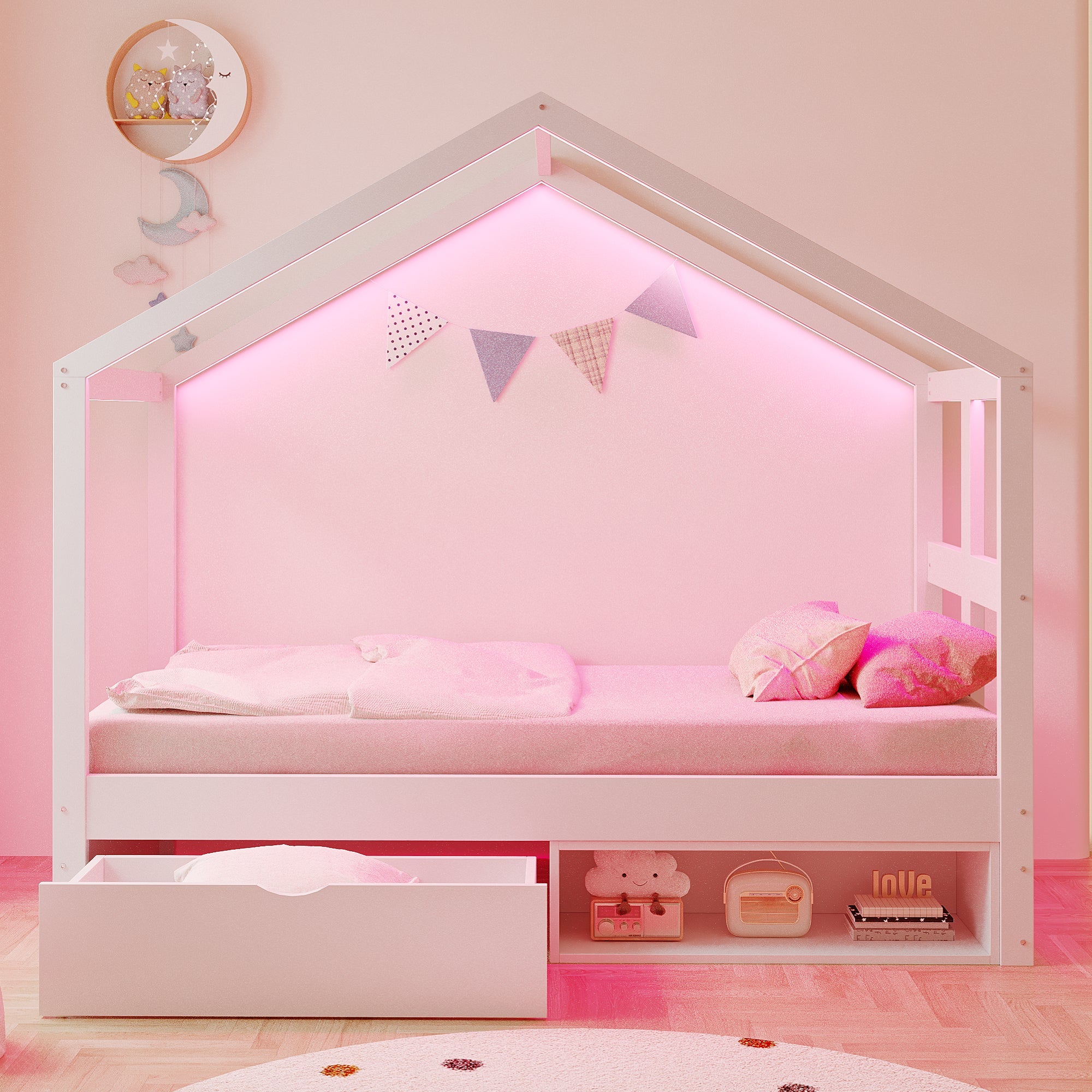 Wooden Bed with Drawers, Shoe Cabinet and LED Lighting, 90x190cm, White Wood