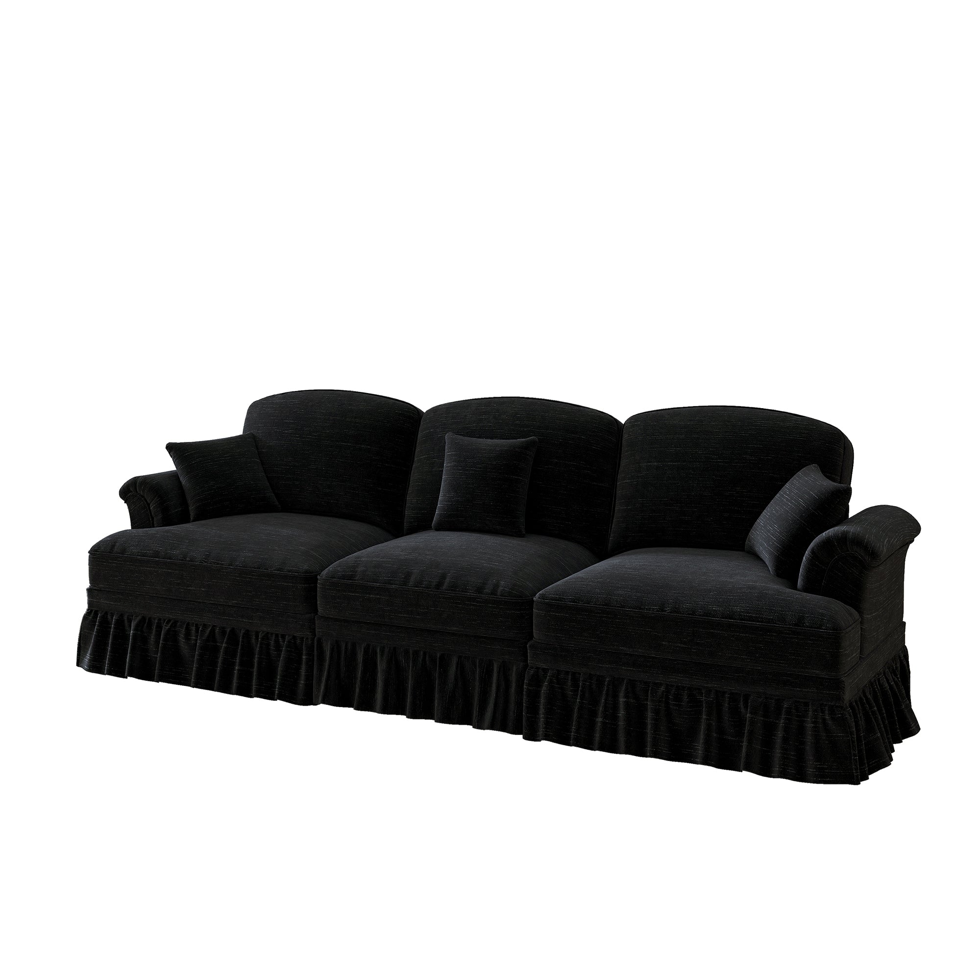 Sofa 3-seater Mid-Century Chenille Ruffled Apron - Black