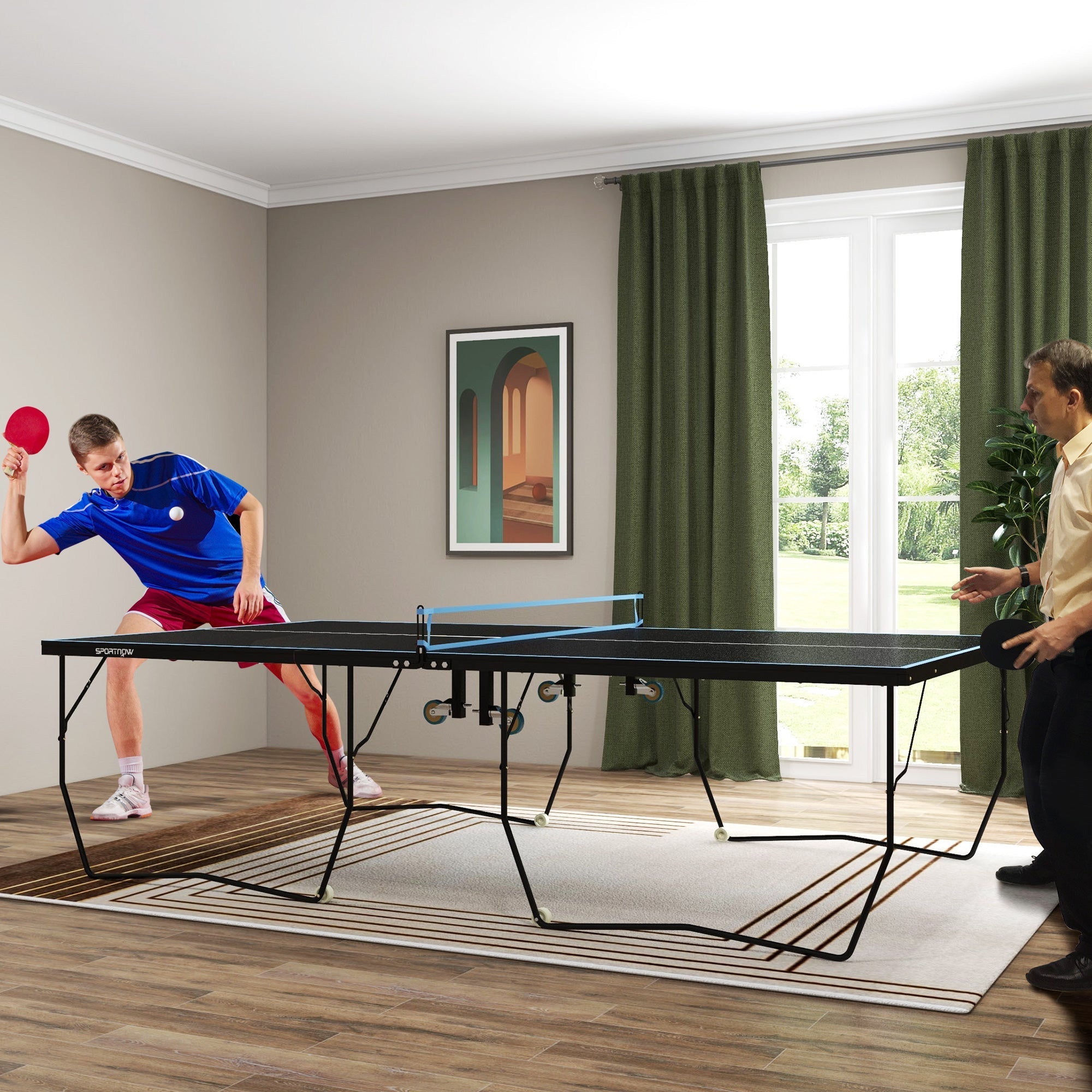 Outdoor Tischtennistisch, klappbar, mit Netz und Rollen, Stahl Schwarz