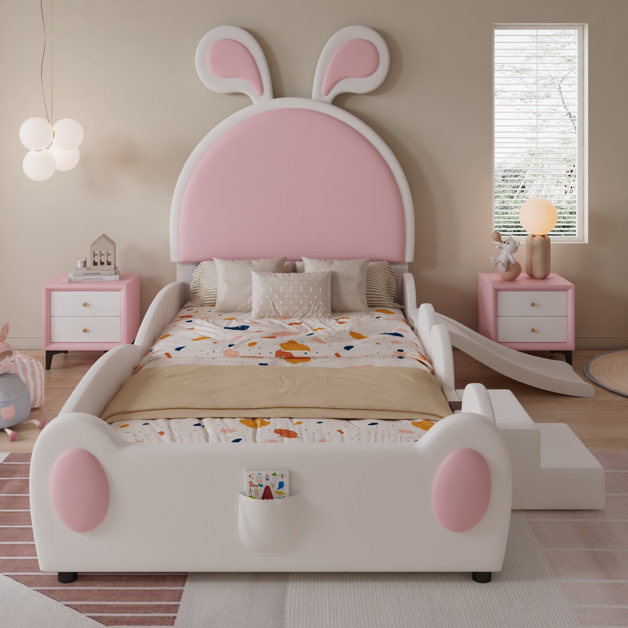 Upholstered Single Bed with Slide, Bunny Ears Headboard, 90x200cm, PU White/Pink