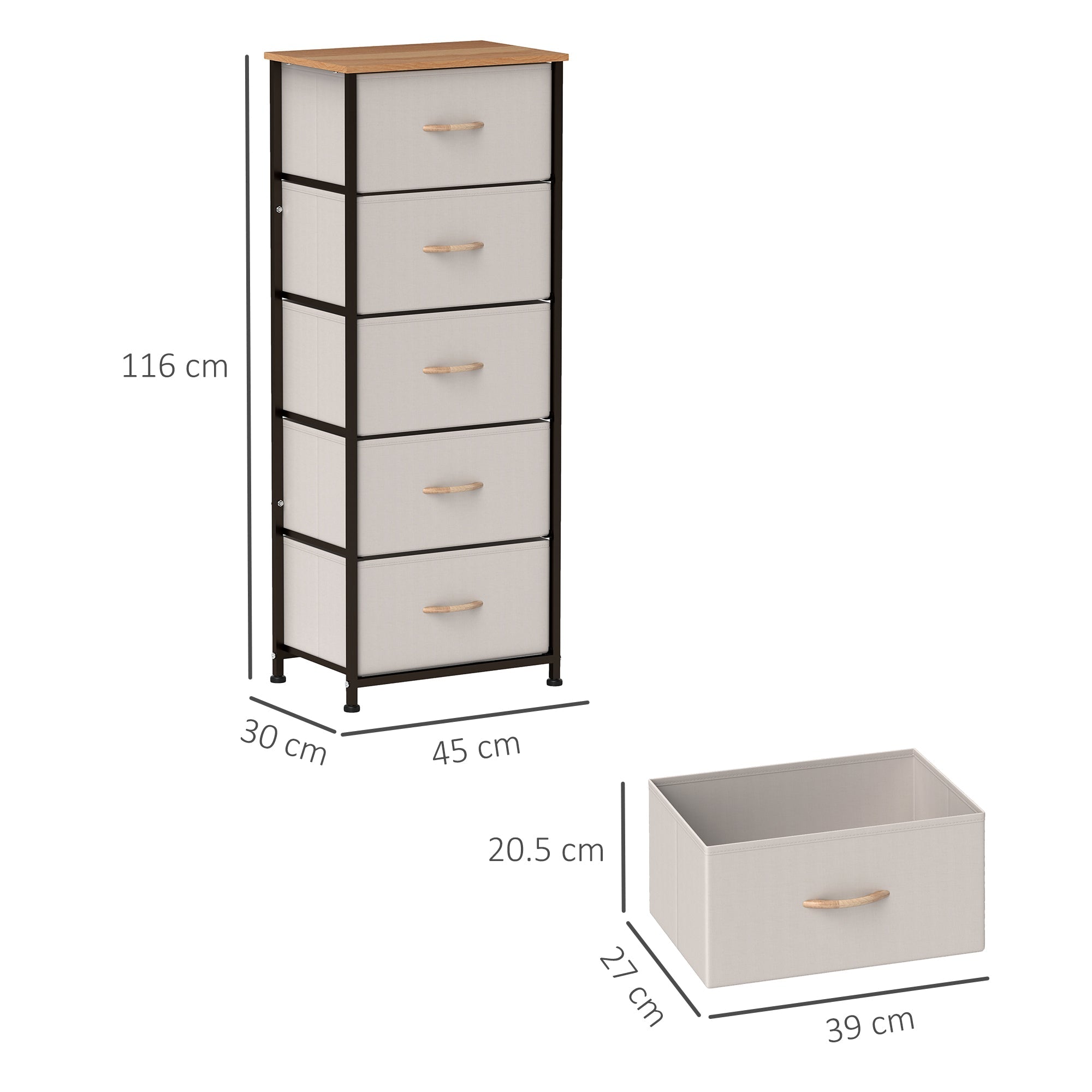 Fabric Chest of Drawers, Industrial 5 Drawer Dresser with Steel Frame, Cream White