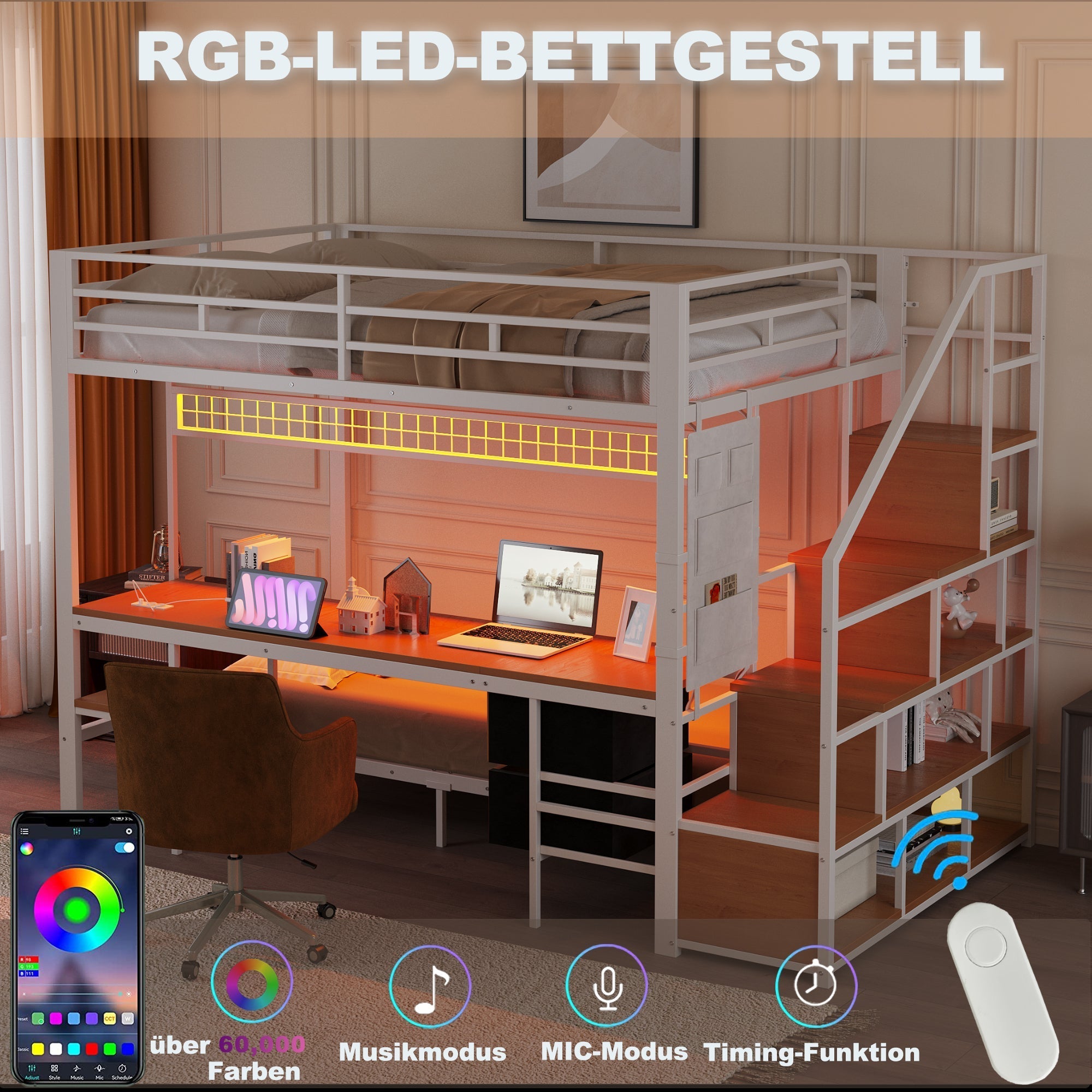 Metal Loft Bunk Bed with Desk LED Storage 140x200/90x200 White