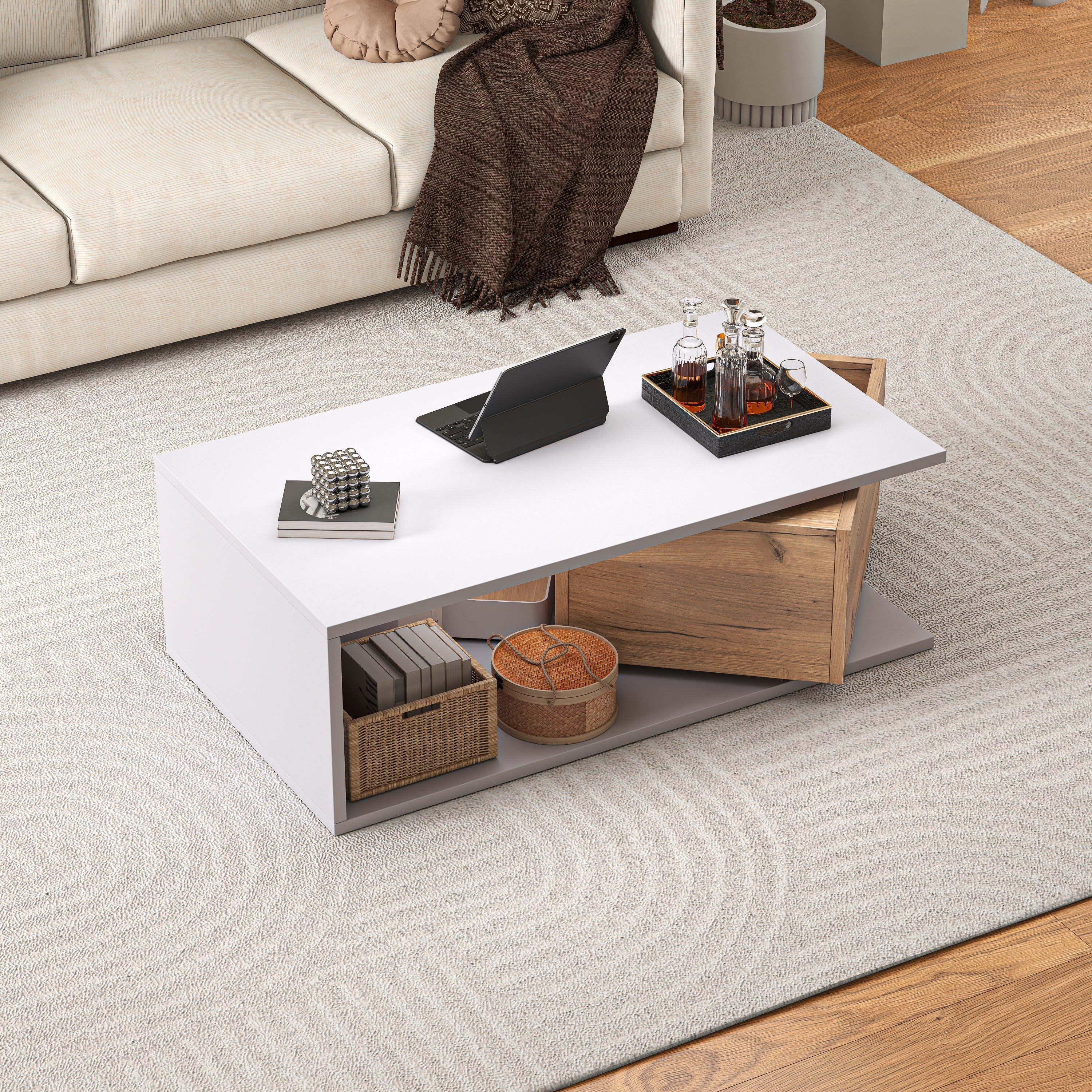 Coffee Table High-Gloss 360° Rotating Drawer Storage 90x50x30cm - White/Wood