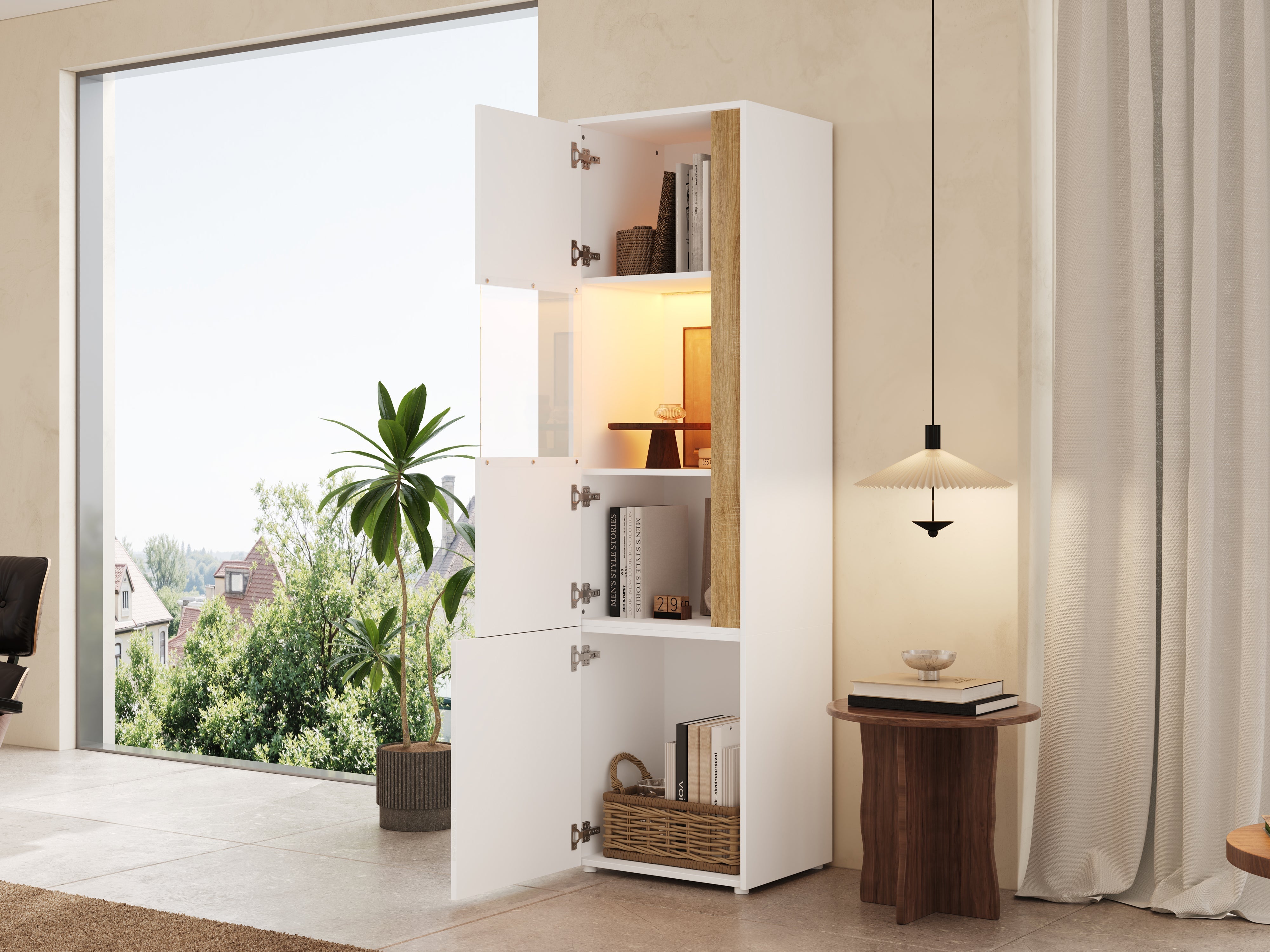 Display Cabinet Tall Storage Unit with LED Lighting 2 Doors White/Natural