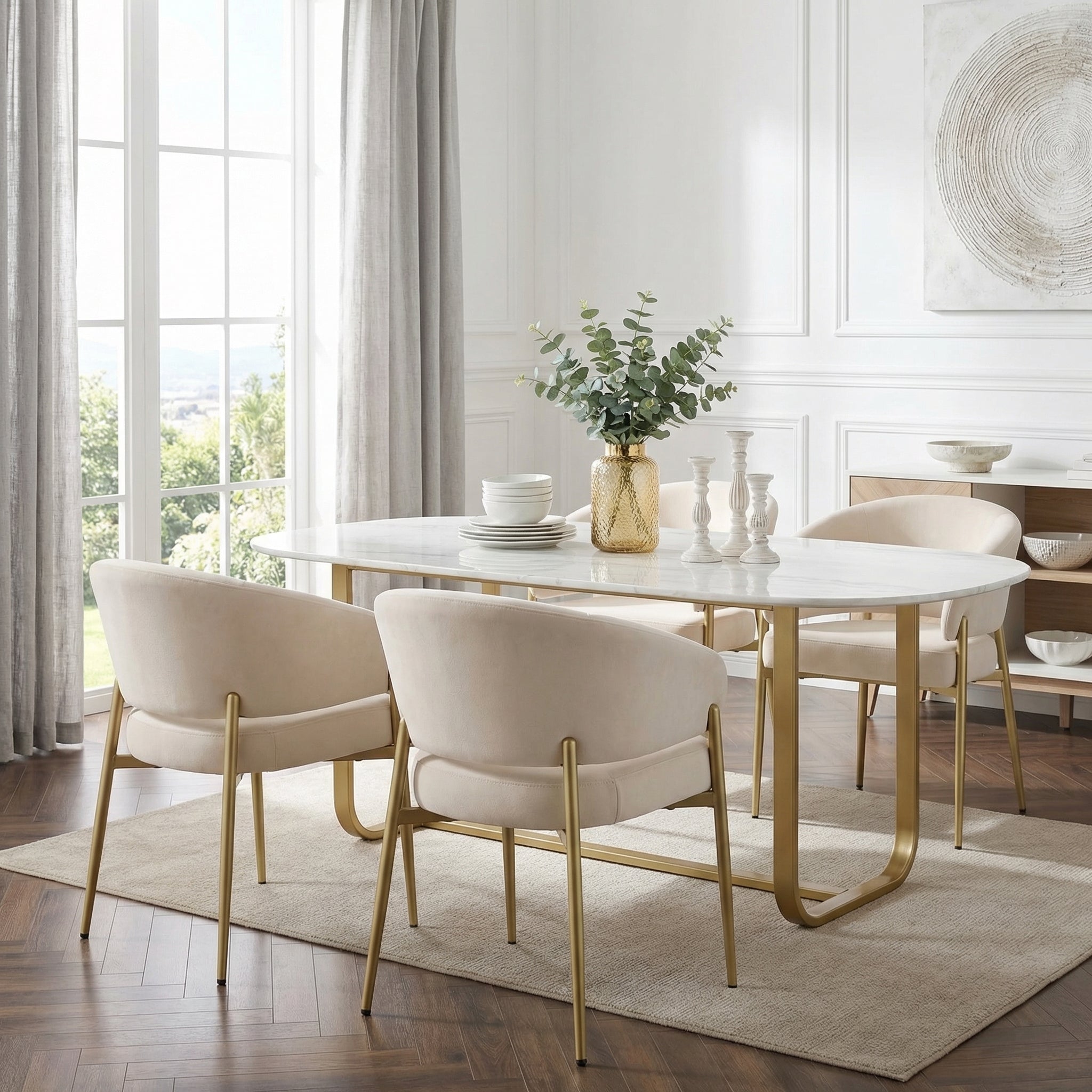 Set of 6 Dining Chairs, Modern Breathable Seating for Living Room and Cafe, Beige Velvet and Champagne Gold