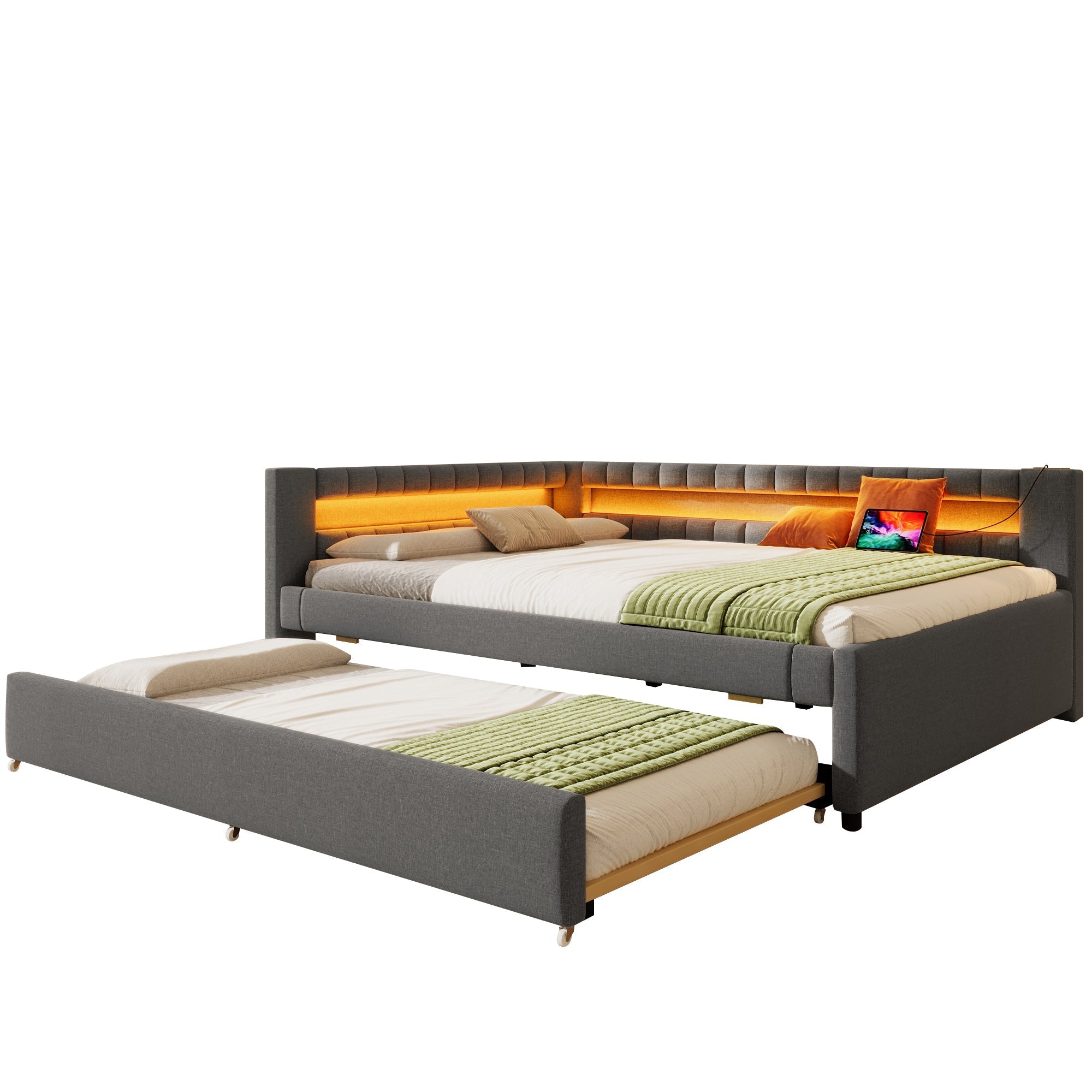 Daybed Sofa Bed 140x200cm Pull-out Bed LED USB/Type-C Linen Grey