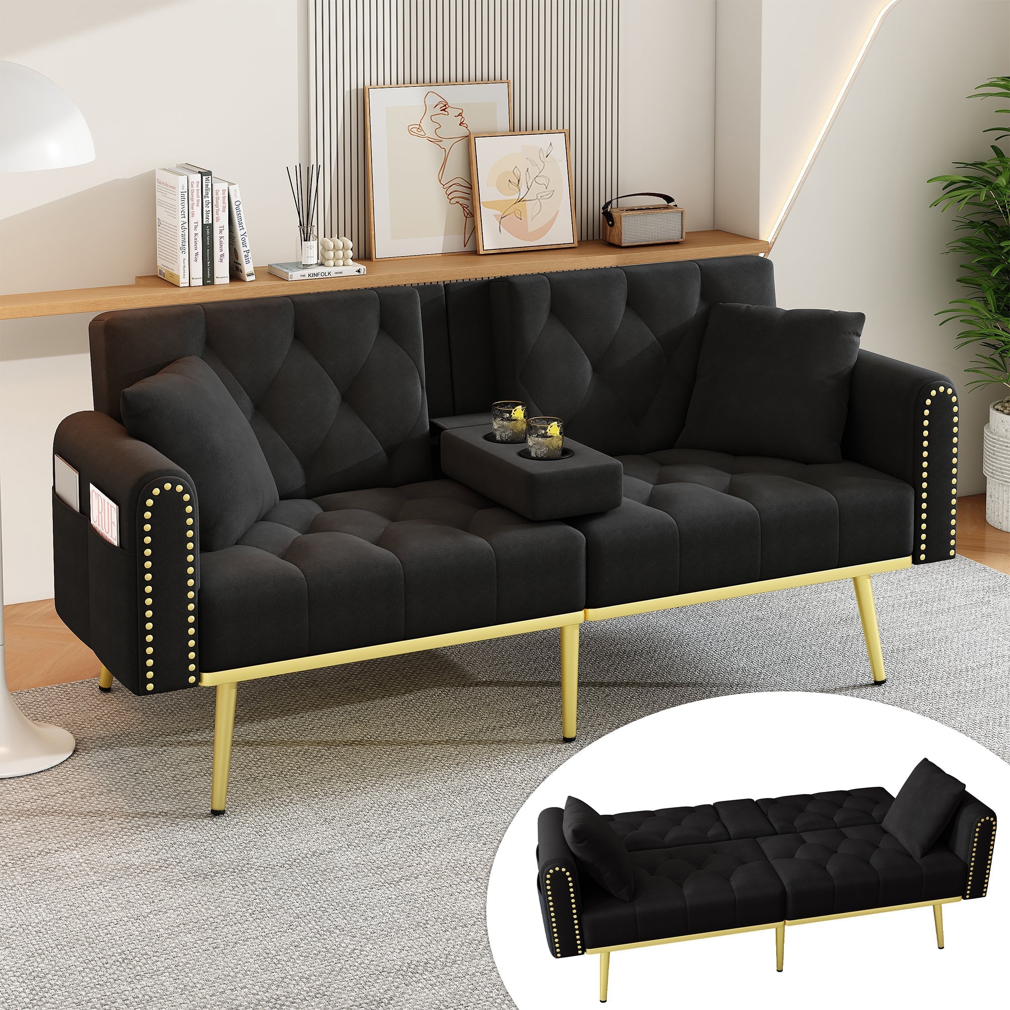 Double Sofa Bed Reclining 3 Angles Cup Holders - Fabric Black