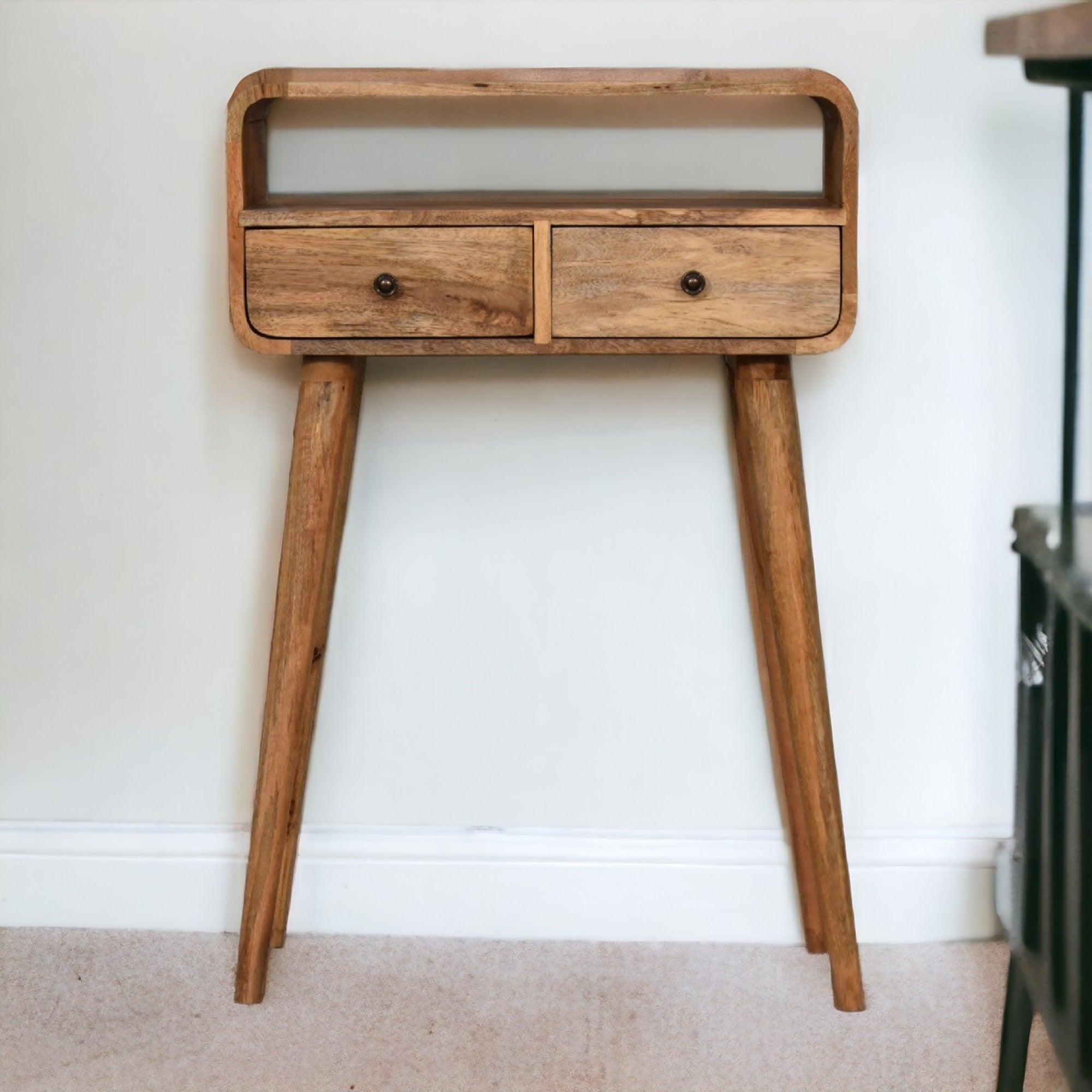 Solid Wood Console Table, Mini Curved 2 Drawers Open Slot, Brown