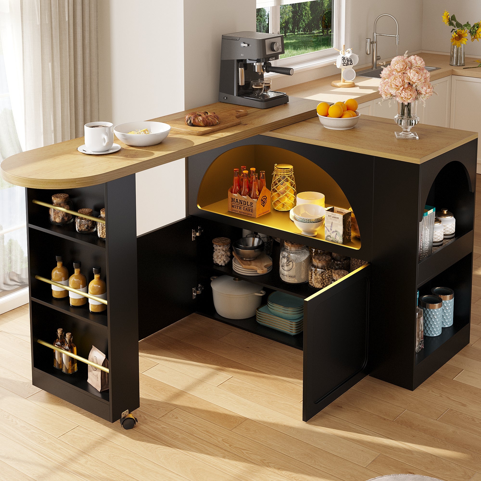 Extendable Bar Table with Storage, Movable, LED Lighting, Black
