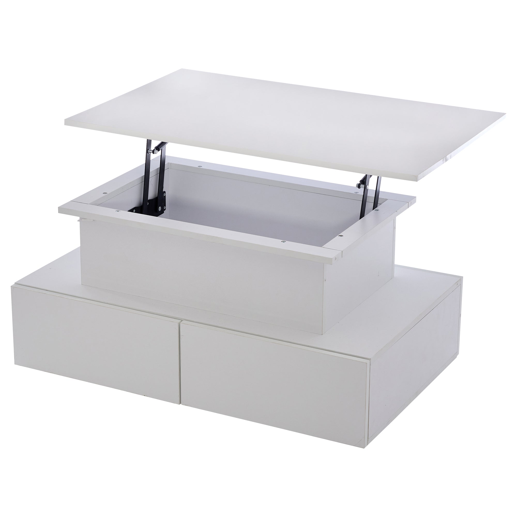 Coffee Table, LED High Gloss Lift Top Rectangular with 4 Drawers, Wood White