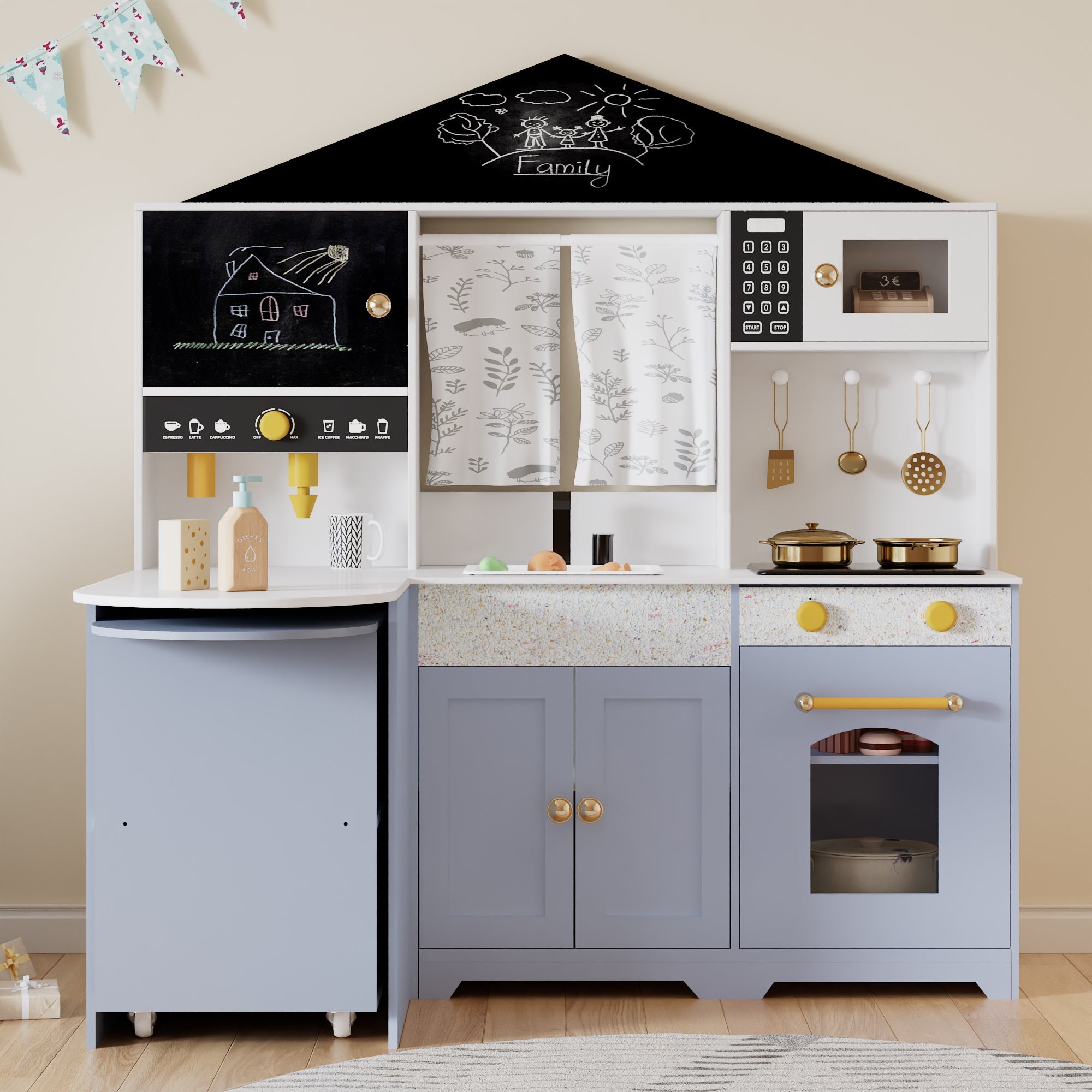 Children's Play Kitchen with Creative House Design and Accessories, White and Purple