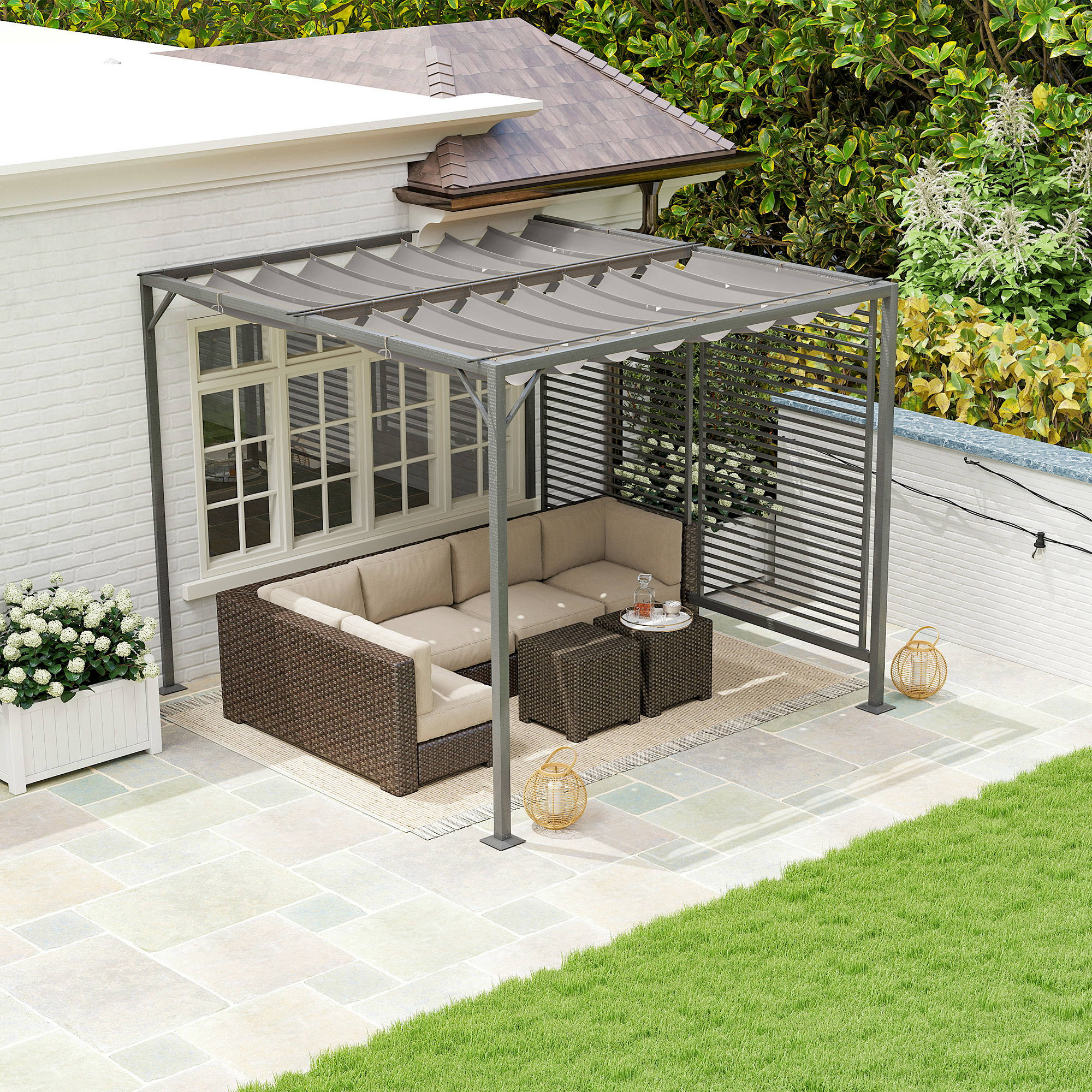Metal Pergola 3x2.8m Retractable Fabric Roof Grey